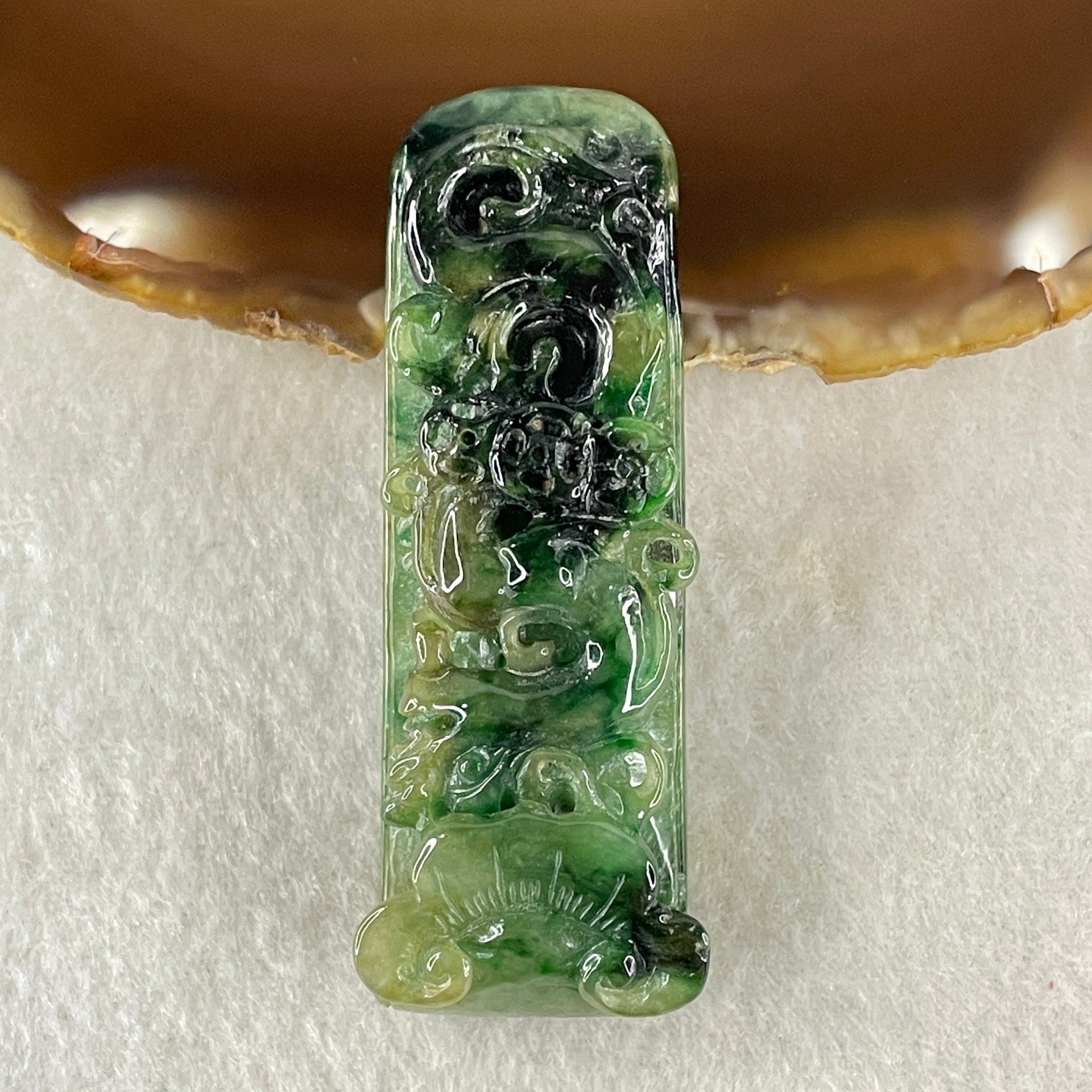 Antique Natural Type A Old Mine Spicy Green with Dark Green Patches Jadeite Dragon Coins with Ruyi Pendant 26.94g 57.8 by 21.2 by 14.7mm - Huangs Jadeite and Jewelry Pte Ltd