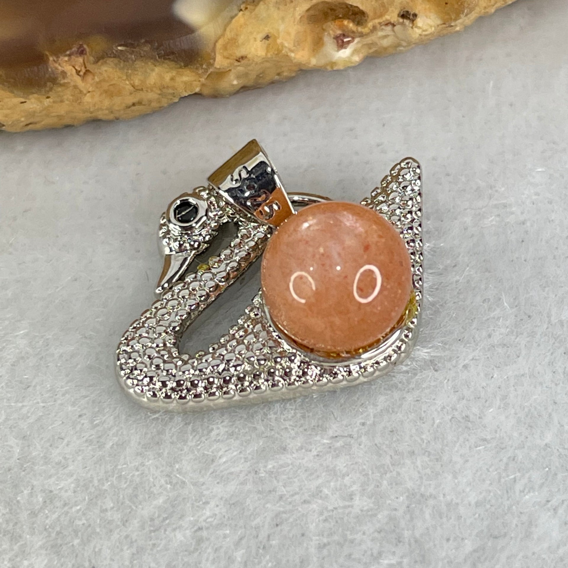 Natural Sunstone Bead with Crystals in S925 Sliver Swan Charm 3.26g 7.8mm - Huangs Jadeite and Jewelry Pte Ltd