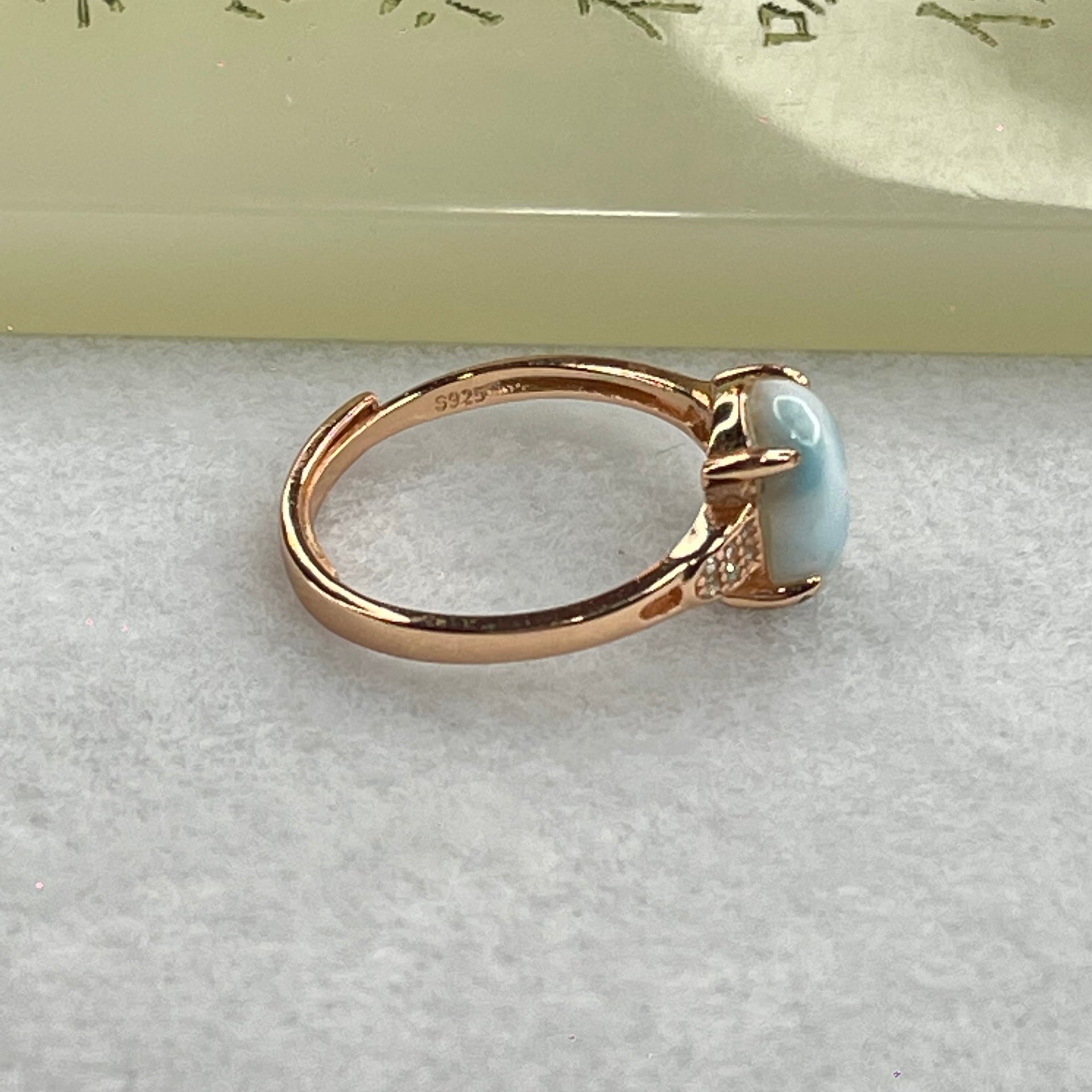 Natural Larimar in S925 Silver Rose Gold Color Ring (Adjustable Size) 2.09g 9.6 by 7.5 by 4.0mm - Huangs Jadeite and Jewelry Pte Ltd