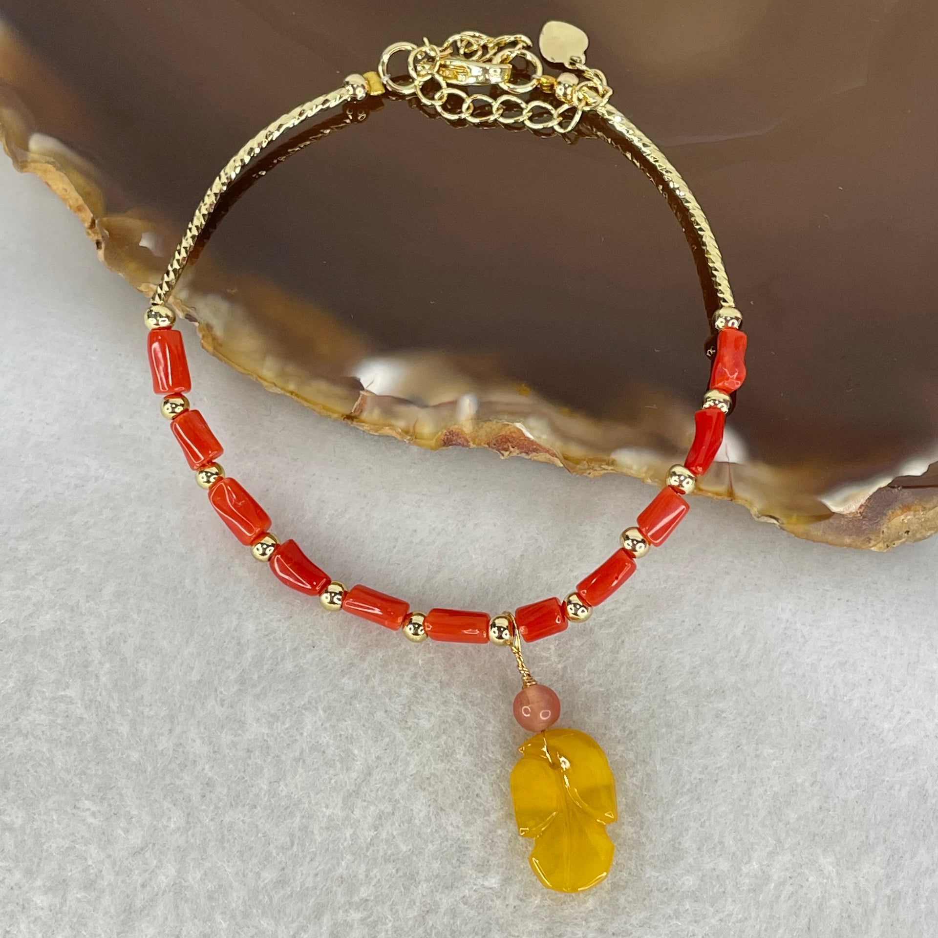 Natural Red Coral with Natural Butterscotch Amber Leaf Charm in Gold Color Bracelet 3.74g 6.2 by 2.6mm 11pcs - Huangs Jadeite and Jewelry Pte Ltd