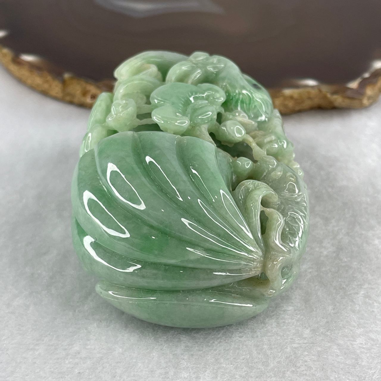 Natural Type A Green with Apple Green and Wuji Grey Jadeite Crane with Ruyi, Fish and Ingot Display 282.61g 86.7 by 54.6 by 37.8mm