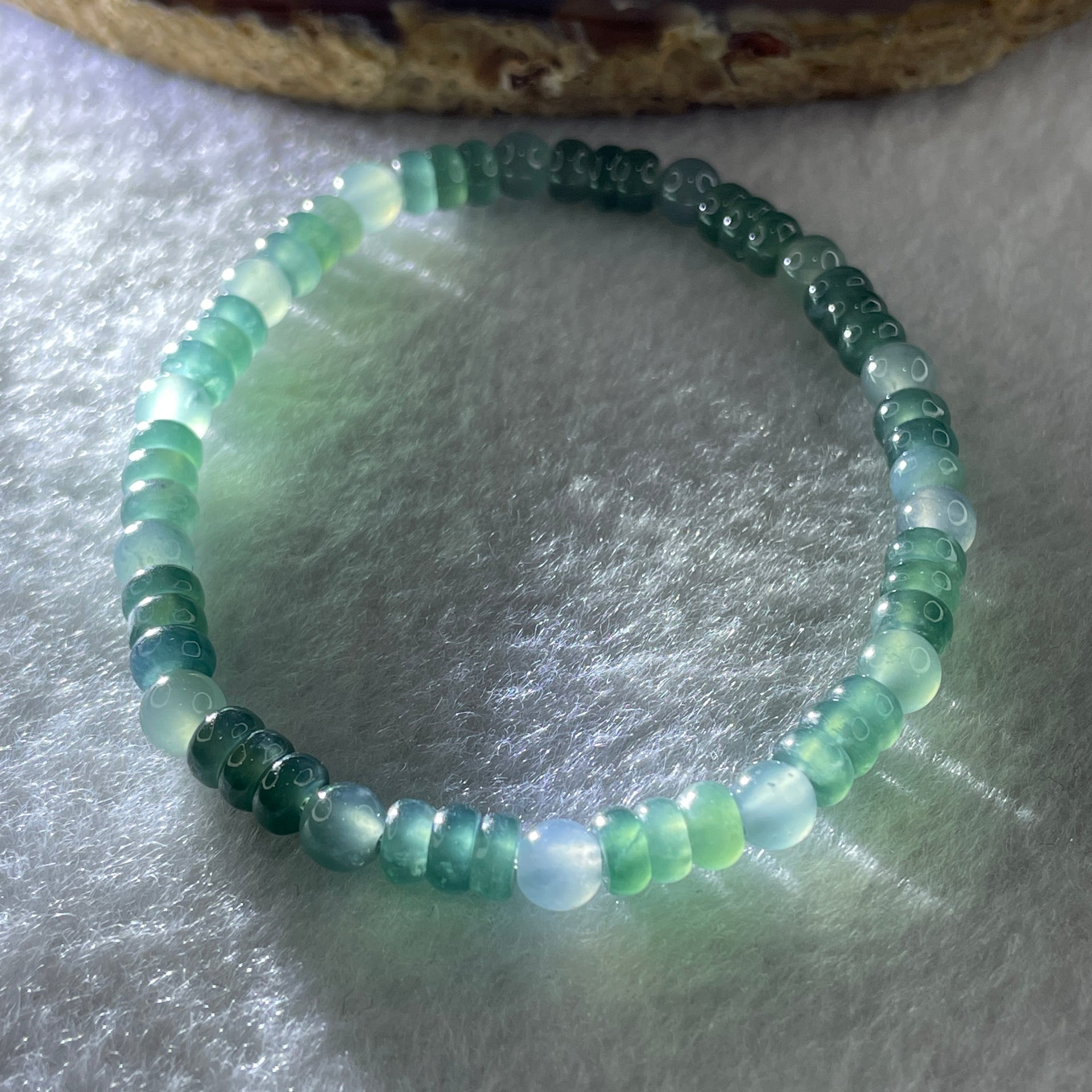 Natural Type A Semi Icy Blueish Green Jadeite Donut Beads Bracelet 8.59g 15cm 5.0mm 56Beads - Huangs Jadeite and Jewelry Pte Ltd