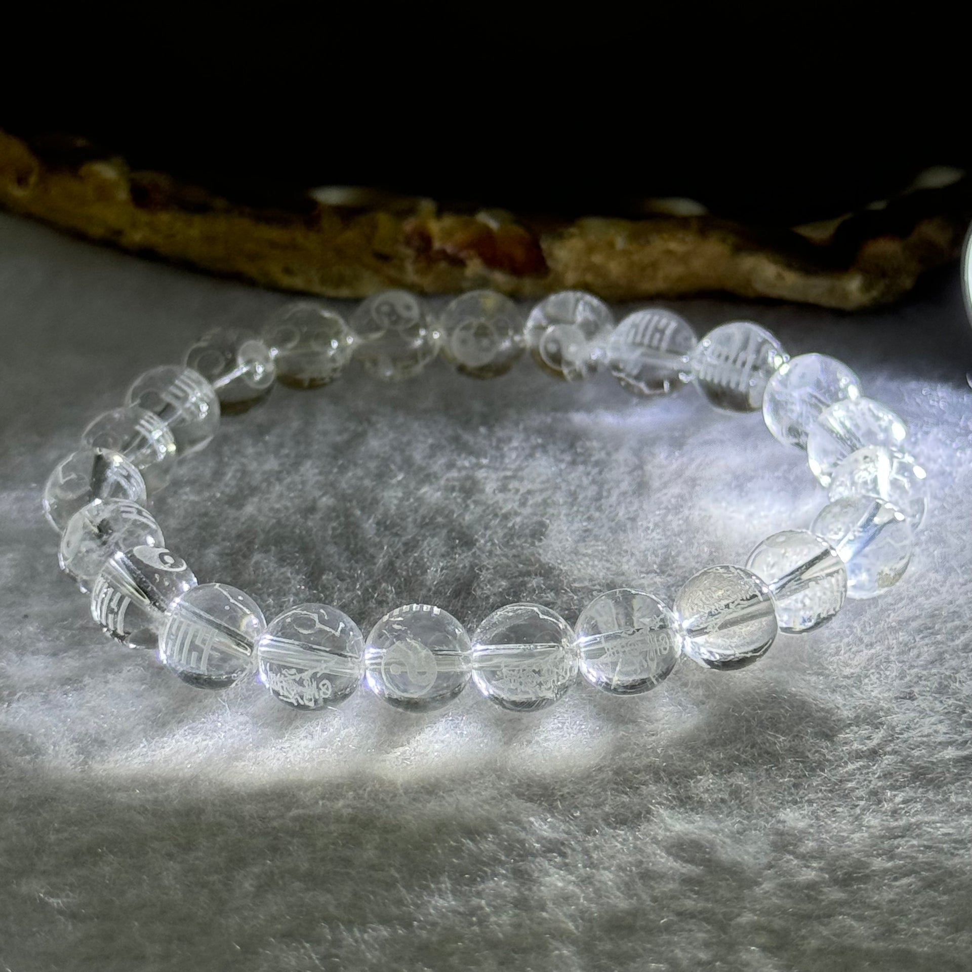 Natural Clear Quartz Beads with Inscription Bracelet 17.96g 16.5cm 8.4mm 23 Beads - Huangs Jadeite and Jewelry Pte Ltd