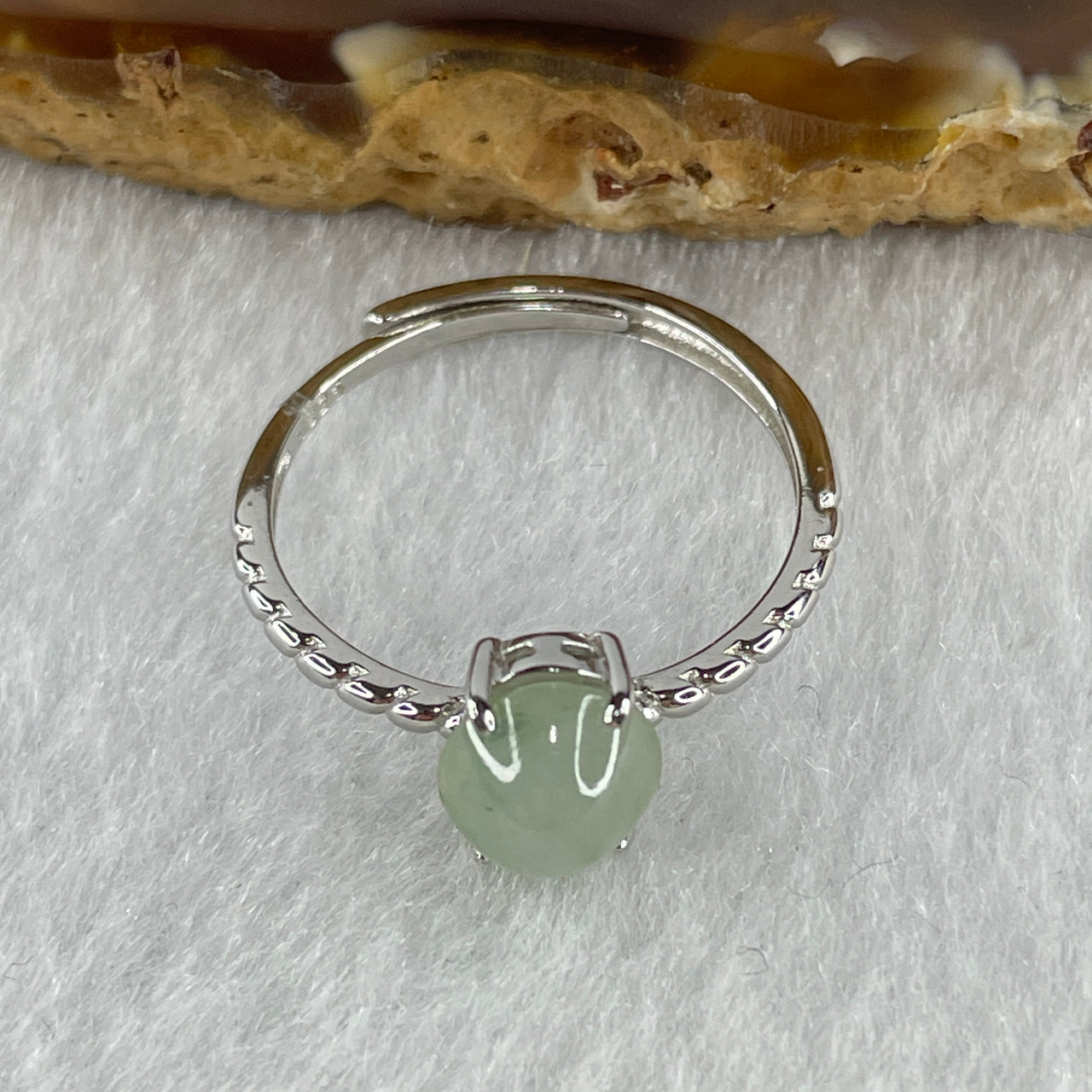 Natural Type A Semi Icy Faint Green Jadeite Oval Shape Cabouchon in S925 Silver Ring (Adjustable Size) 1.57g 7.7 by 6.9 by 5.0mm