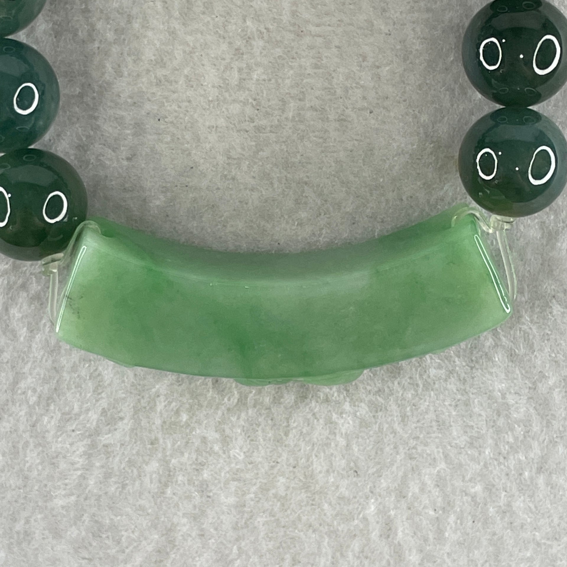 Type A Burmese Old Mine Blueish Green Jadeite Beads with Green Jadeite Twin Koi Fish and Flower Bracelet 60.96g 12.8mm 12 Beads 51.5 by 10.4 by 14.4mm - Huangs Jadeite and Jewelry Pte Ltd