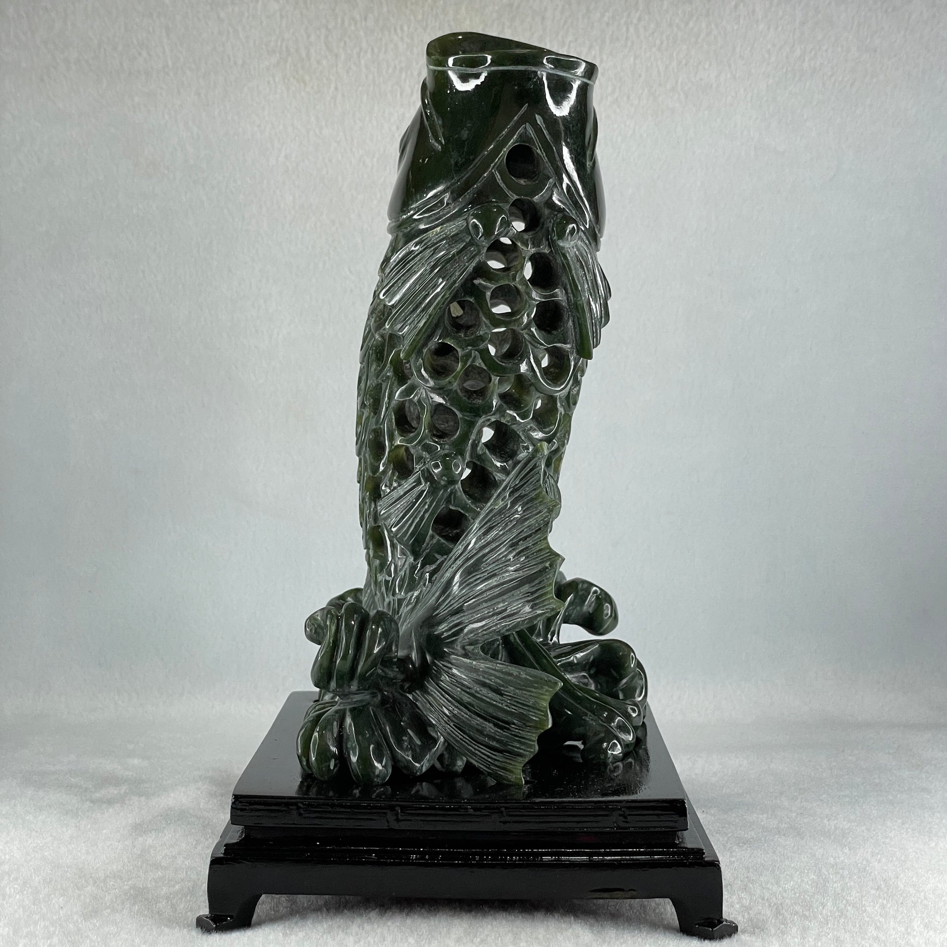 Natural Dark Green Serpentine Carp Fish with Wooden Stand Display 1,215.0g 160.0 by 120.0 by 230.0mm - Huangs Jadeite and Jewelry Pte Ltd
