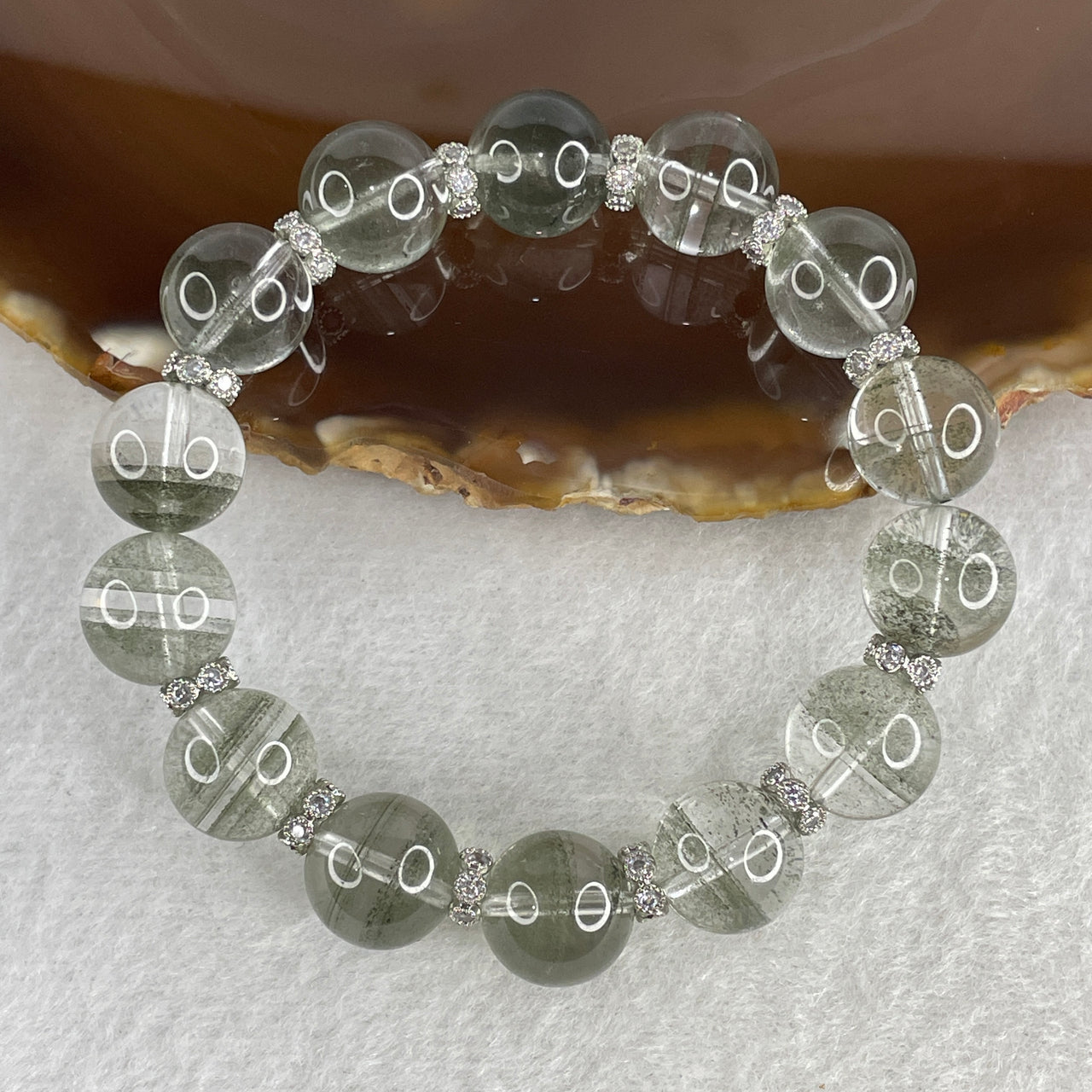 Natural Good Grade Green Phantom Quartz Bracelet | 16.5cm Standard Strand | 14-Piece 11.8mm "Mountain Peak" Abundance & Wealth Talisman with Silver Charm Accents (34.76g)