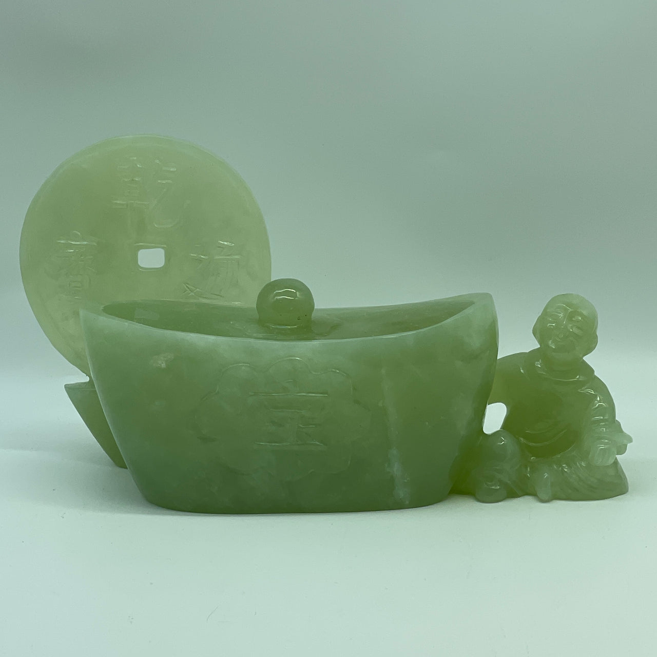 Natural Light Green Serpentine Yuan Bao Wealth Pot with Coin and Tong Zi Display 1,845.5g 260.0 by 90.0 by 140.0mm