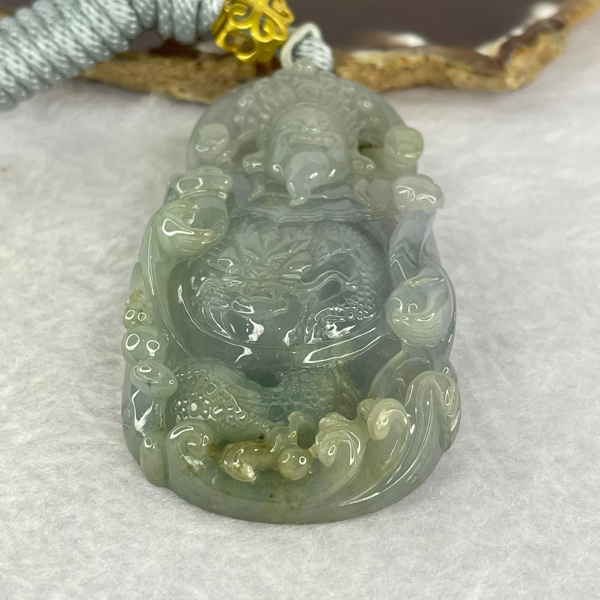 Grand Master Type A 3 Colours Green Lavender Brown Jadeite Gold of Fortune Cai Shen Ye 财神爷 on Dragon 龙 84.21g 75.4 by 41.7 by 12.8mm - Huangs Jadeite and Jewelry Pte Ltd