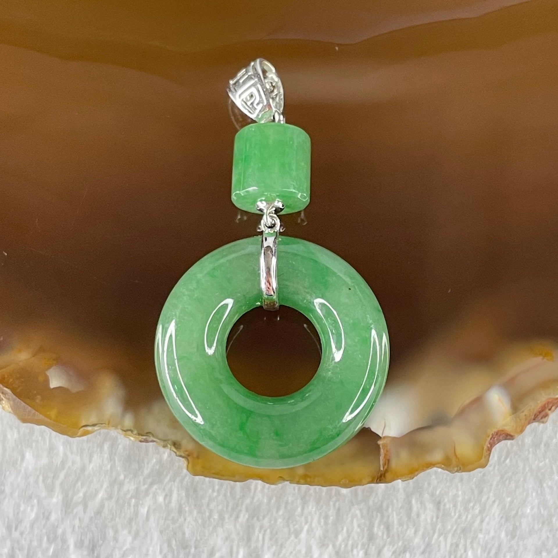 Type A Blueish Green Jadeite Ping An Kou Donut 18.5 by 4.9mm Lulu Tong 5.9 by 6.2mm in 18k White Gold Pendant 3.83g - Huangs Jadeite and Jewelry Pte Ltd