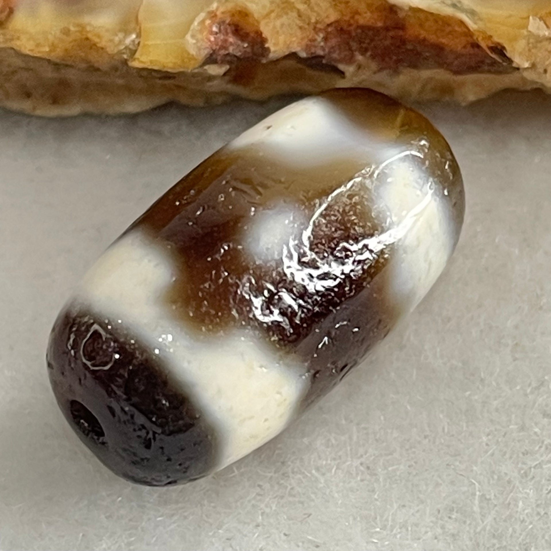 Natural Powerful Tibetan Old Oily Agate 3 Eyes Dzi Bead Heavenly Master (Tian Zhu) 三眼天诛 3.29g 19.3 by 10.5mm - Huangs Jadeite and Jewelry Pte Ltd