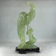 Natural Green Serpentine Rooster on Tree with Wooden Stand Display 820.9g 128.0 by 265.0 by 62.0mm - Huangs Jadeite and Jewelry Pte Ltd