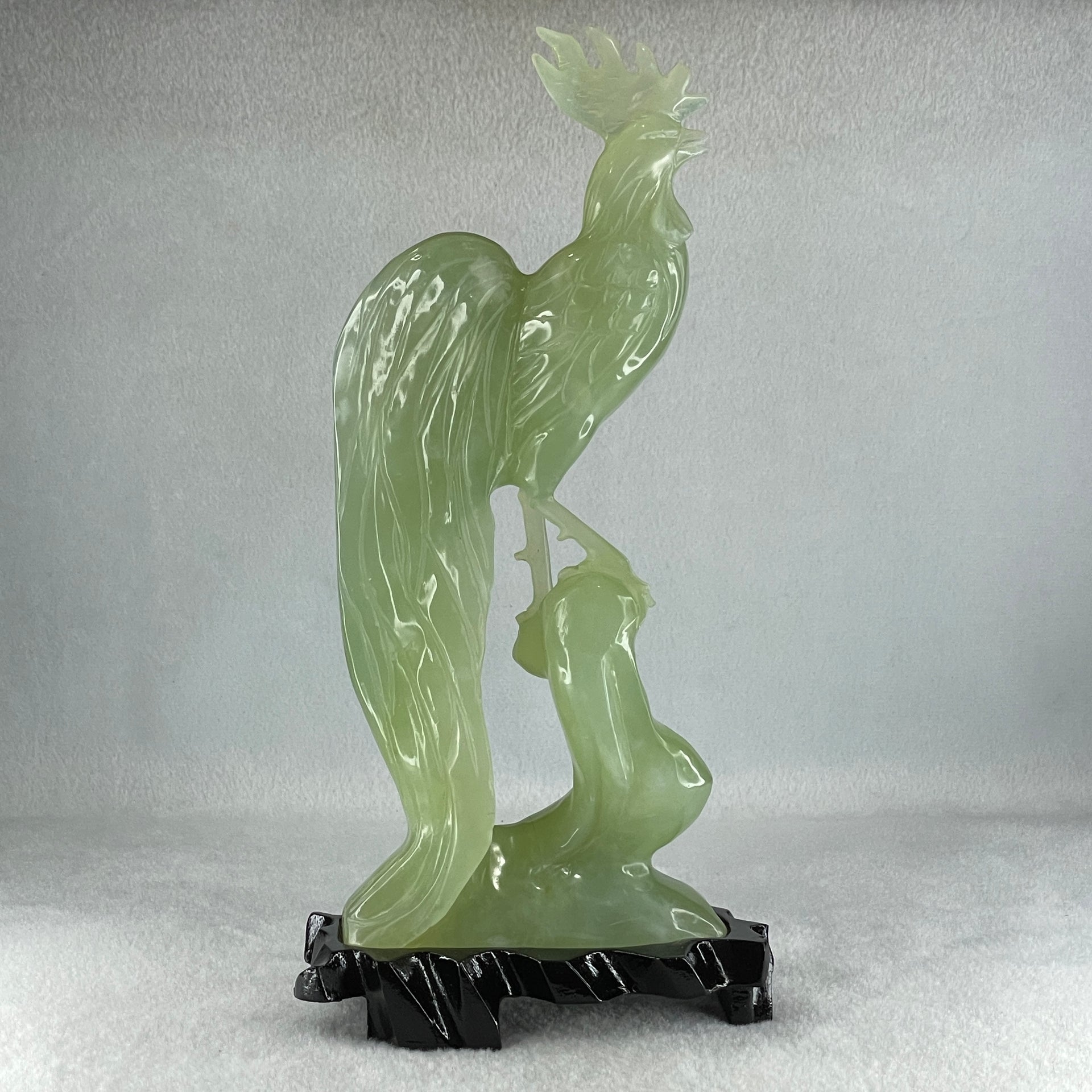 Natural Green Serpentine Rooster on Tree with Wooden Stand Display 820.9g 128.0 by 265.0 by 62.0mm - Huangs Jadeite and Jewelry Pte Ltd
