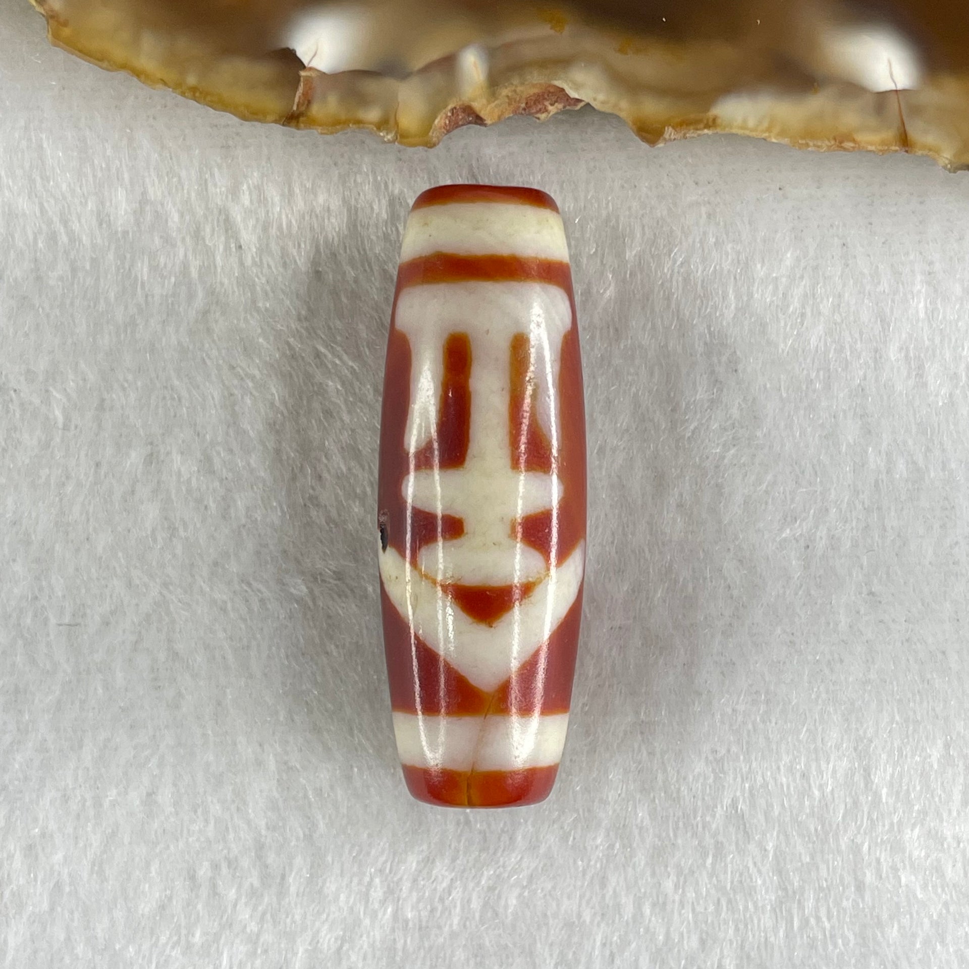 Natural Powerful Tibetan Old Oily Red White Agate One Eye Gold Metal Element Dzi Bead Heavenly Master (Tian Zhu) 一眼金天珠 9.68g 37.6 by 12.9mm - Huangs Jadeite and Jewelry Pte Ltd