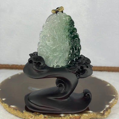 Grand Master Type A Icy 2 Tone Green Jadeite Phoenix, Ruyis and Flower Pendant Display 71.83g 65.7 by 48.2 by 12.5mm with Wooden Stand for Career Progression and Recognition - Huangs Jadeite and Jewelry Pte Ltd