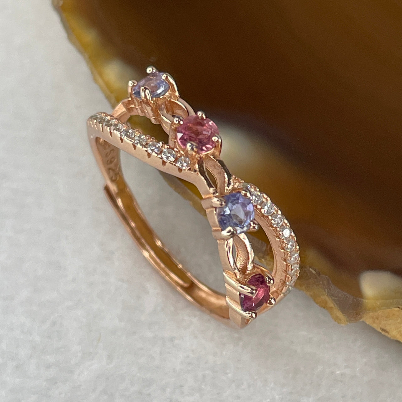 Natural Rubilite and Blue Topaz with Cubic Zirconia in S925 Sliver Gold Color Ring 1.96g 3.1 by 2.0mm 4 Pcs (Adjustable Size)