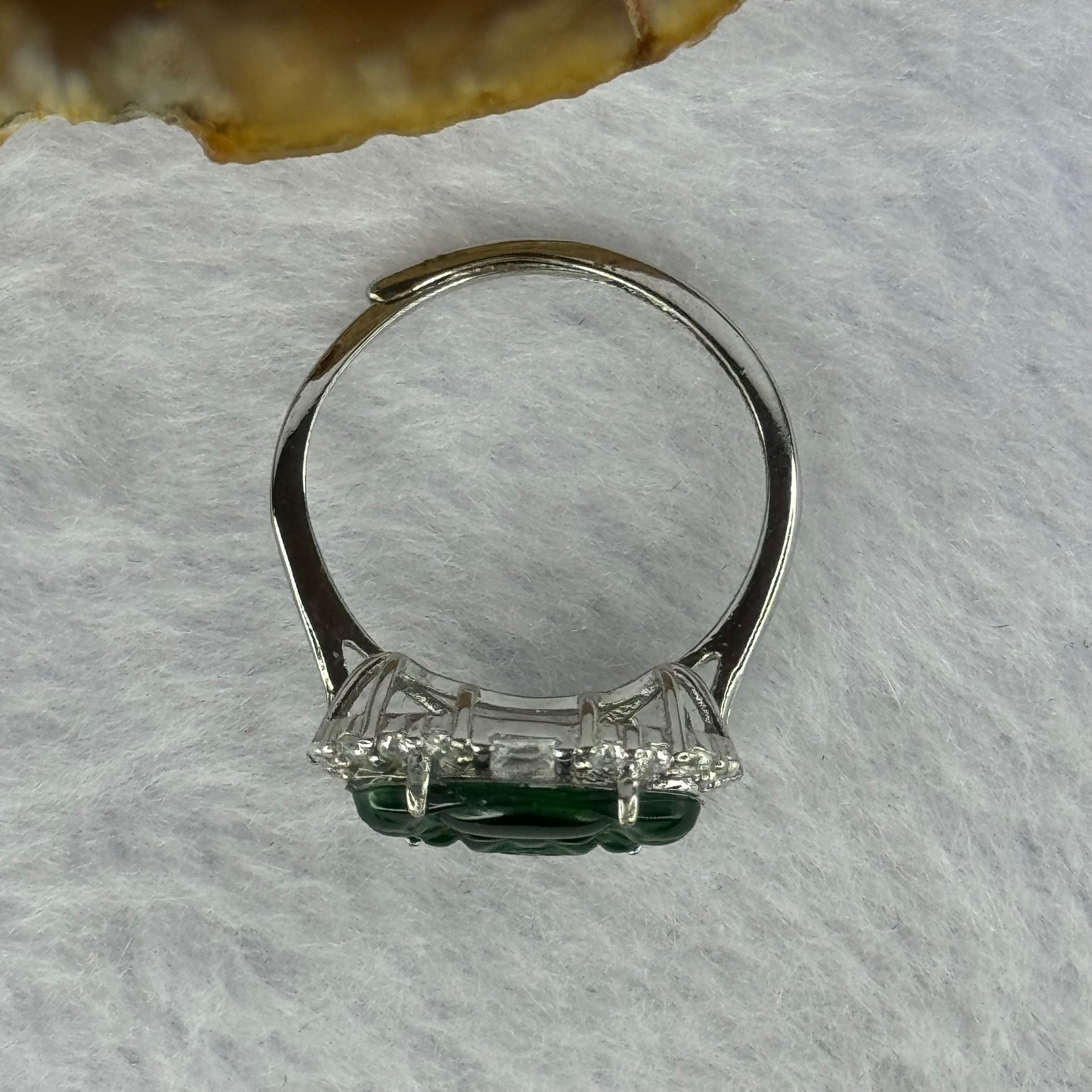 Type A Icy Green Omphasite Jadeite Milo Buddha with Crystals in Sliver Ring (Adjustable Size) 1.82g 8.9 by 13.2 by 2.5mm - Huangs Jadeite and Jewelry Pte Ltd