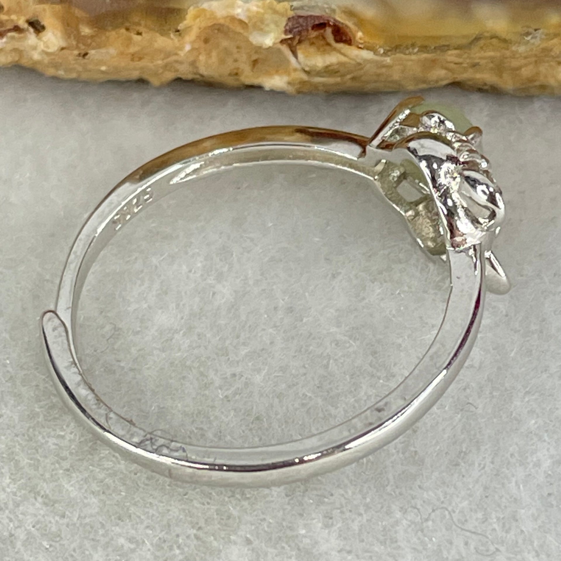 Type A Semi Icy Green Cabochon Jadeite in S925 Sliver Rat Ring (Adjustable Size) 1.54g 4.9 by 3.0mm - Huangs Jadeite and Jewelry Pte Ltd