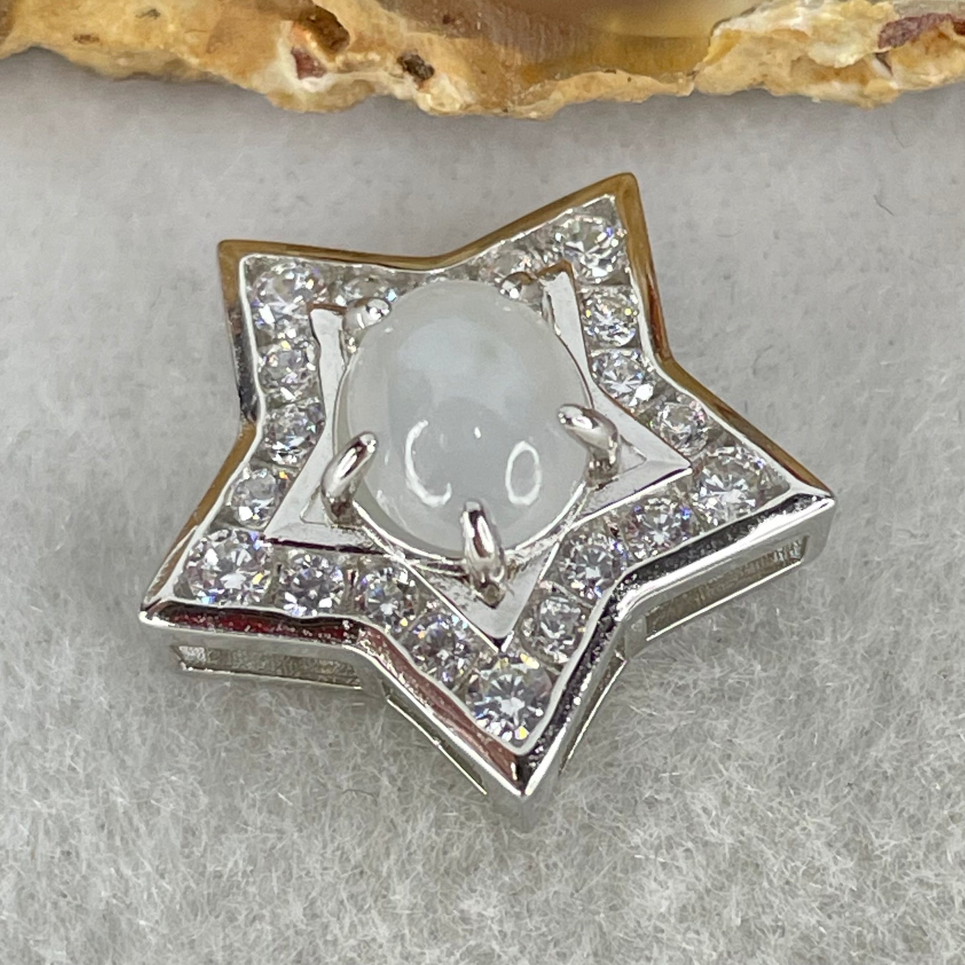 Type A Semi Icy Light Lavender Cabochon Jadeite in S925 Sliver Star with Crystal Charm 2.39g 7.9 by 6.9 by 4.0mm - Huangs Jadeite and Jewelry Pte Ltd