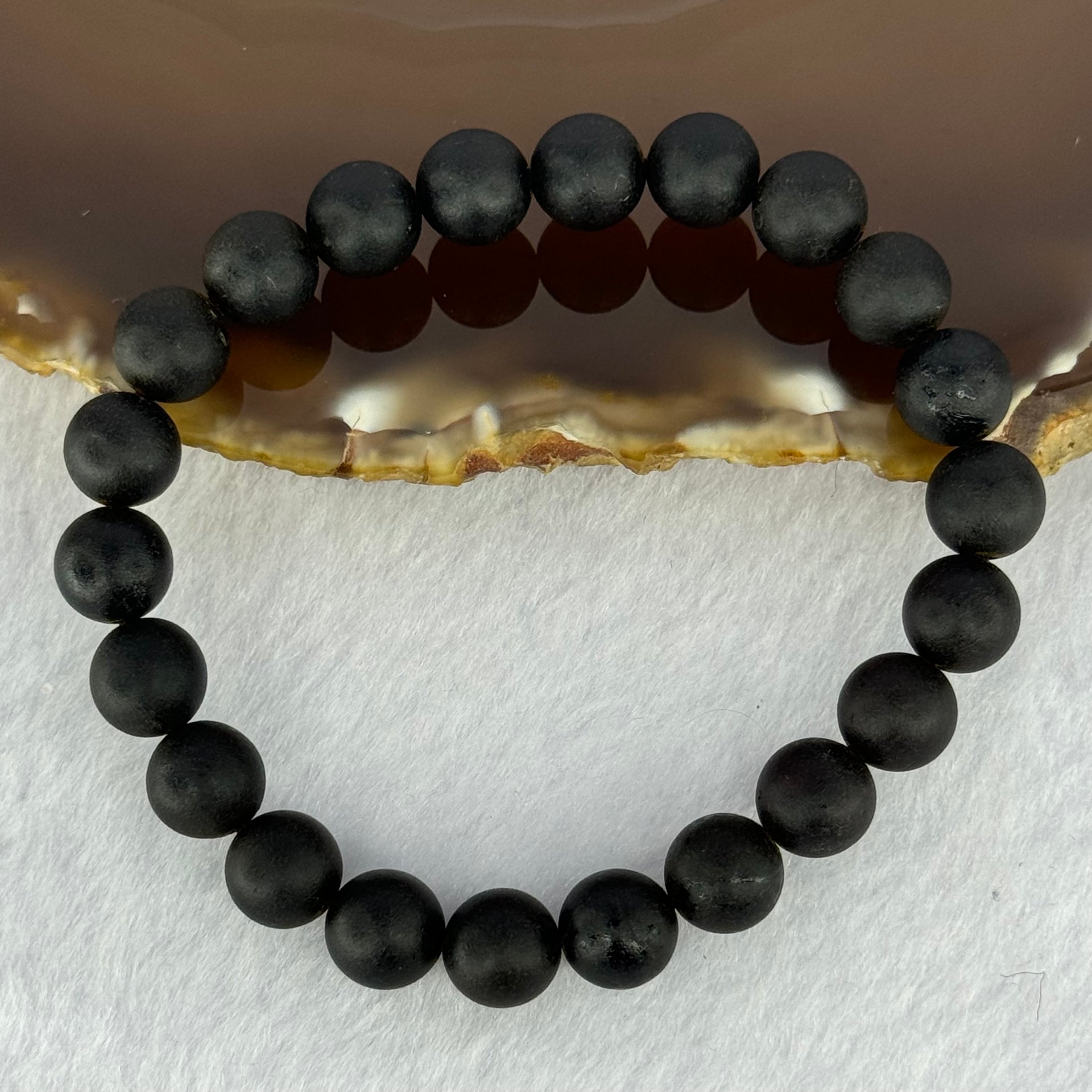 Natural Dark Matt Black Amber Beads Bracelet 天然大黑天翁琥珀手链 7.16g 15cm 8.3mm 22 Beads - Huangs Jadeite and Jewelry Pte Ltd