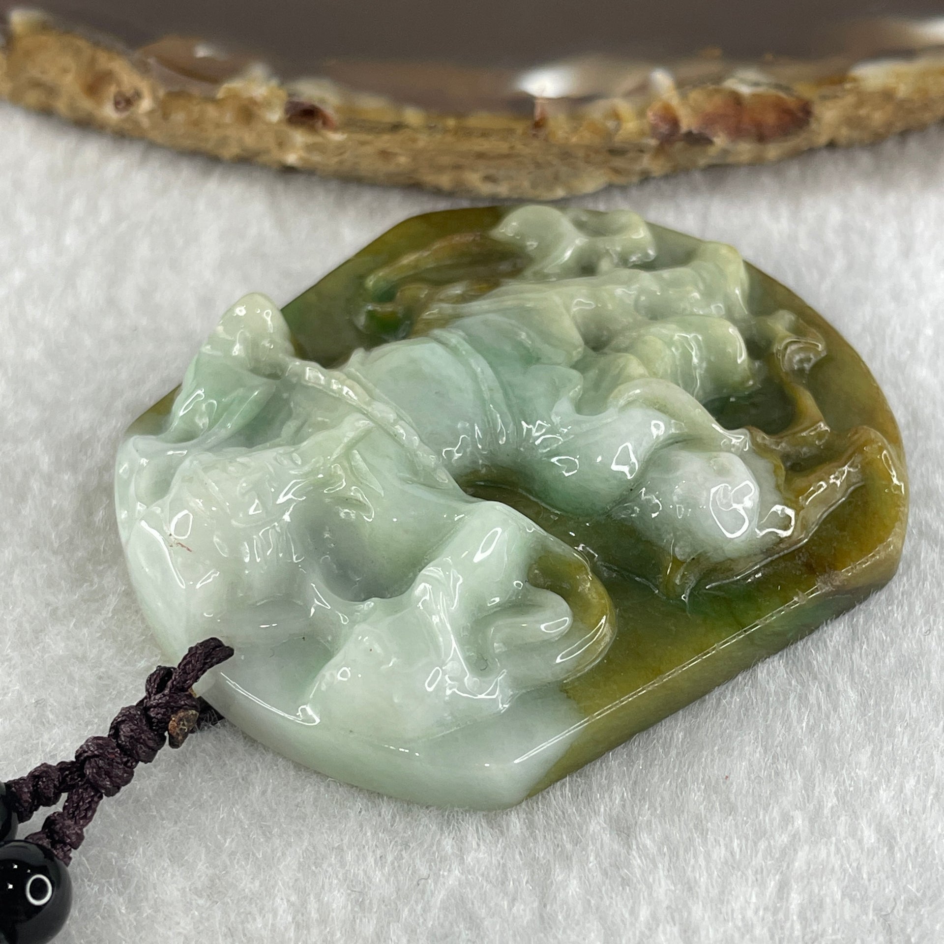 Type A Natural Light with Dark Green Jadeite Wu Cai Shen Zhao Gong Ming God of Wealth with Tiger Pendant 55.47g 53.6 by 47.1 by 4.4mm - Huangs Jadeite and Jewelry Pte Ltd