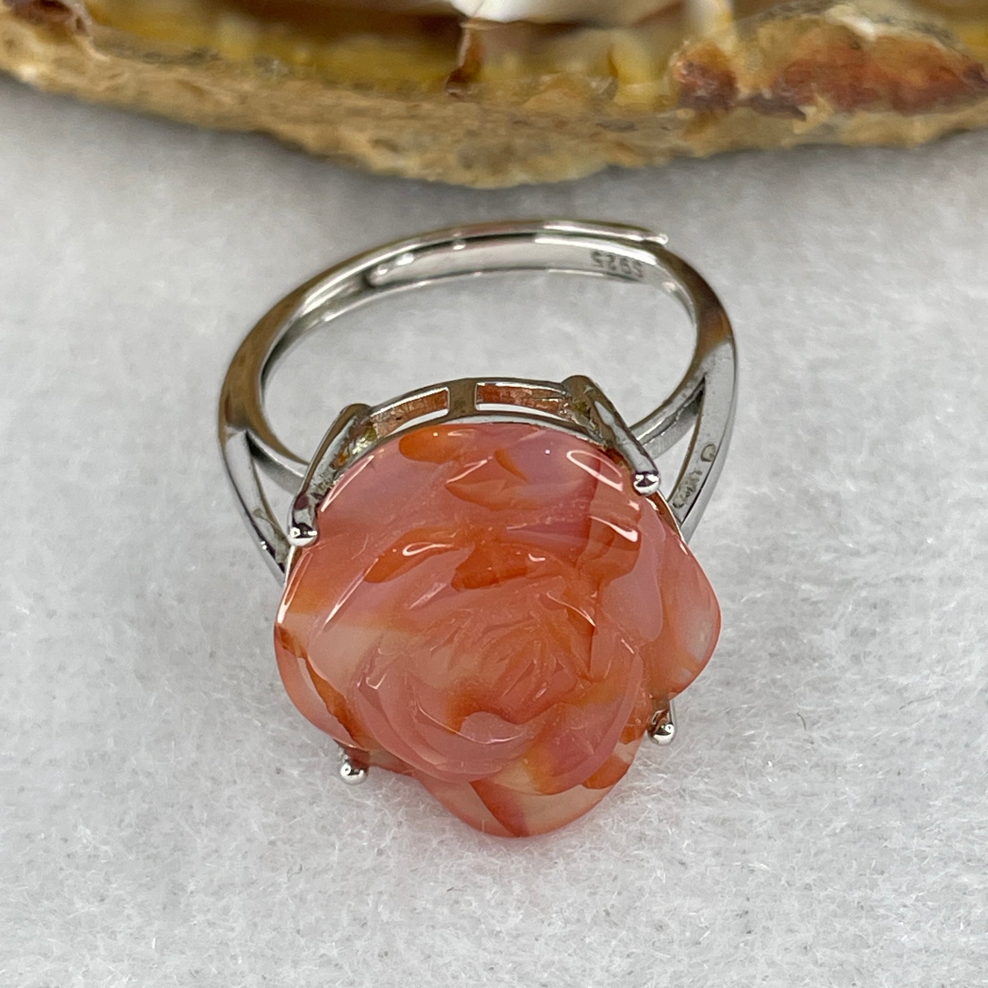 Natural Pink Agate Flower Ring in S925 Sliver 4.98g 16.7 by 15.4 by 8.5mm (Adjustable Size) - Huangs Jadeite and Jewelry Pte Ltd