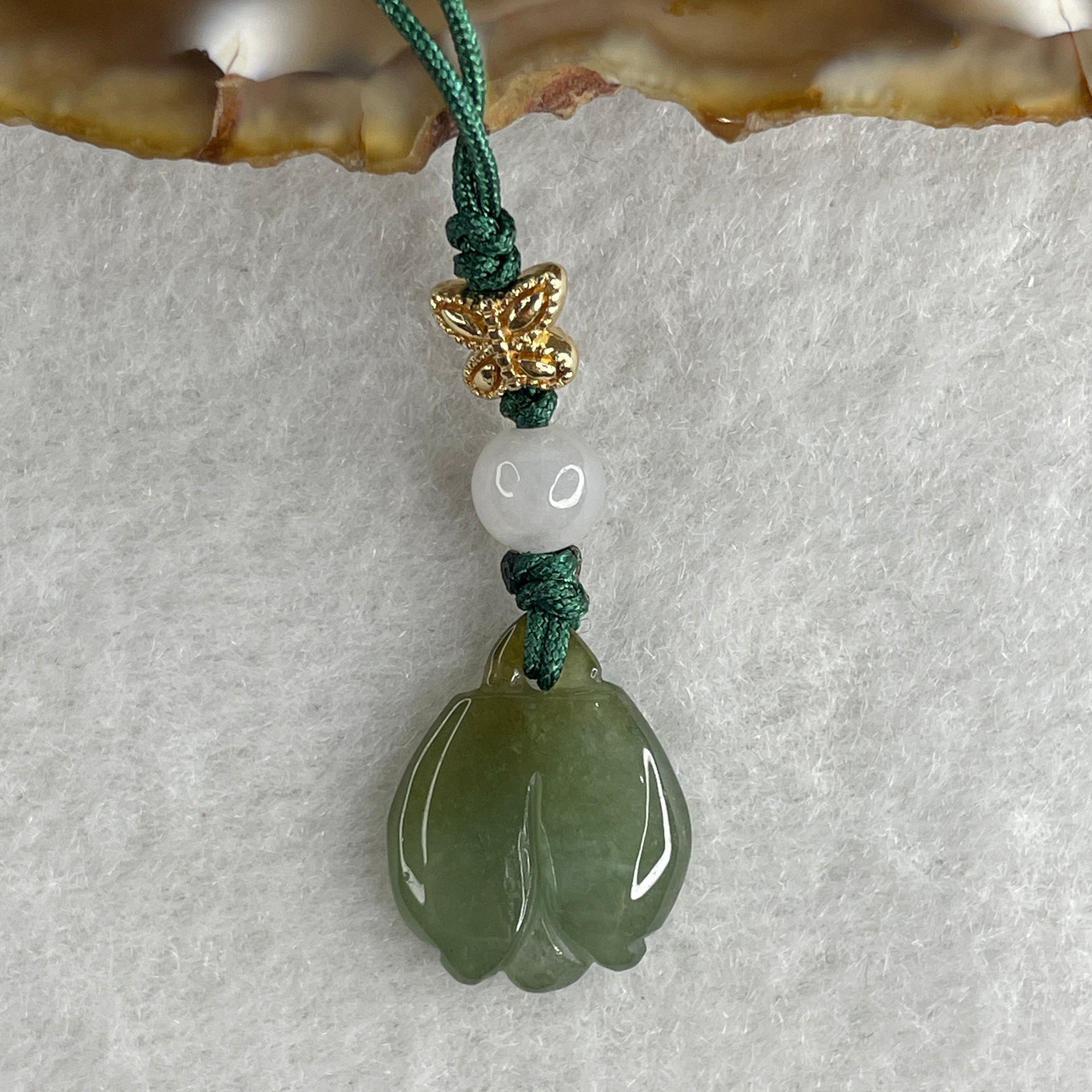 Natural Type A Semi Icy Green Jadeite Flower Charm 2.31g 16.8 by 13.3 by 4.3mm - Huangs Jadeite and Jewelry Pte Ltd