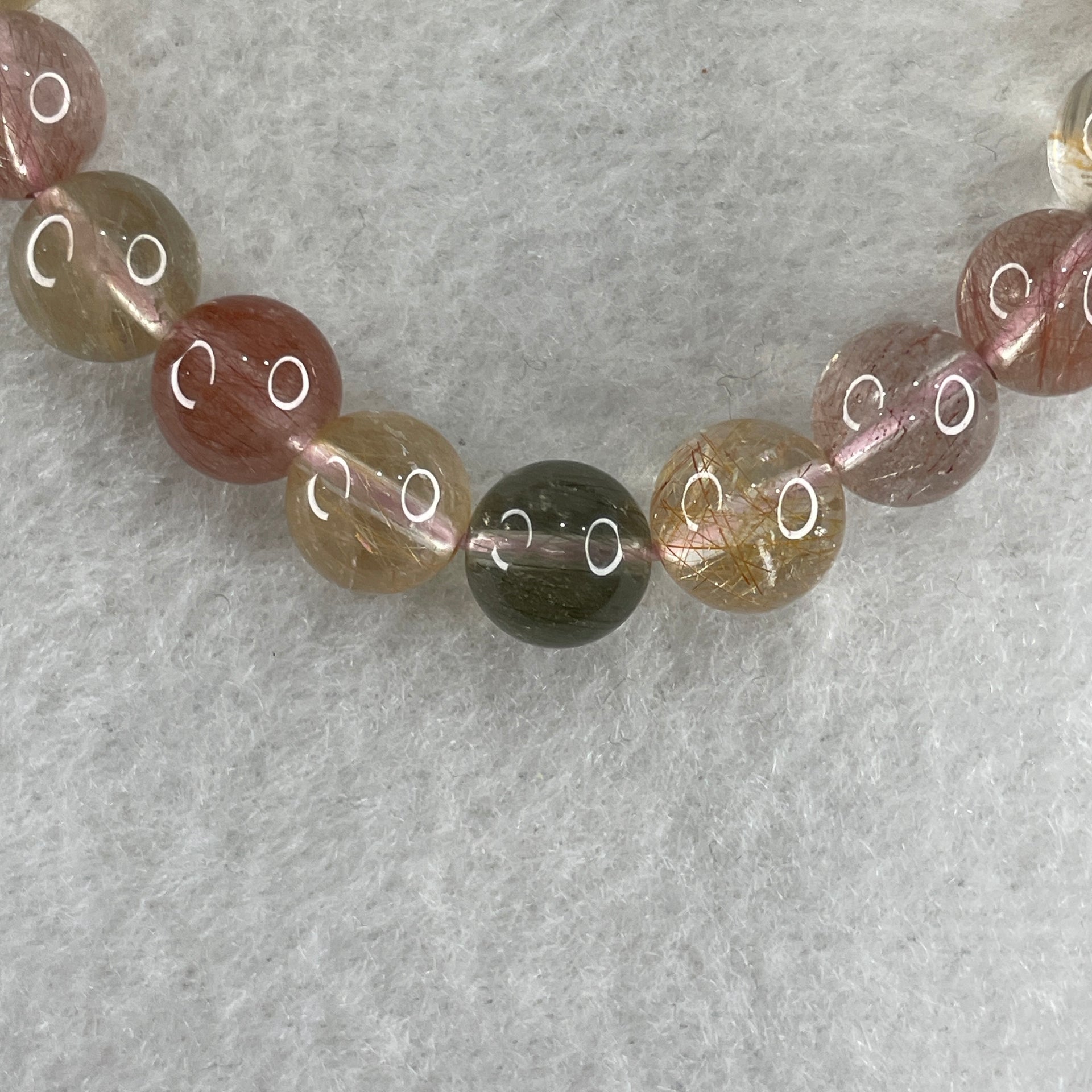 Natural Pinkish with Green Rabbit Hair Rutilated Quartz Beads Bracelet 20.16g 16cm 9.2mm 22Beads - Huangs Jadeite and Jewelry Pte Ltd