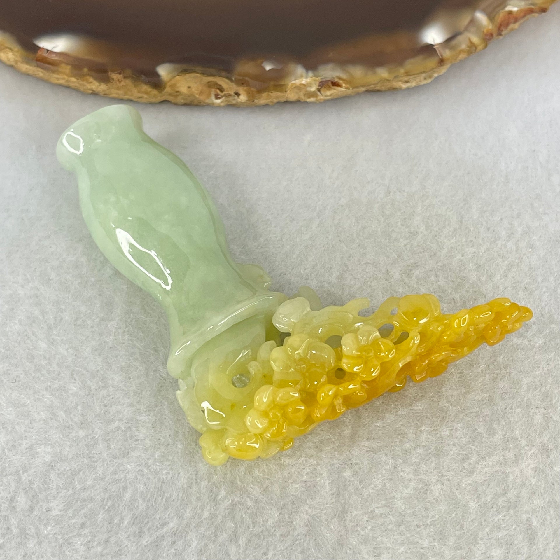 Type A Light Green with Yellow Jadeite Vase with Prosperity Flowers Pendant / Display 28.78g 59.0 by 49.7 by 14.1mm with Wooden Stand - Huangs Jadeite and Jewelry Pte Ltd