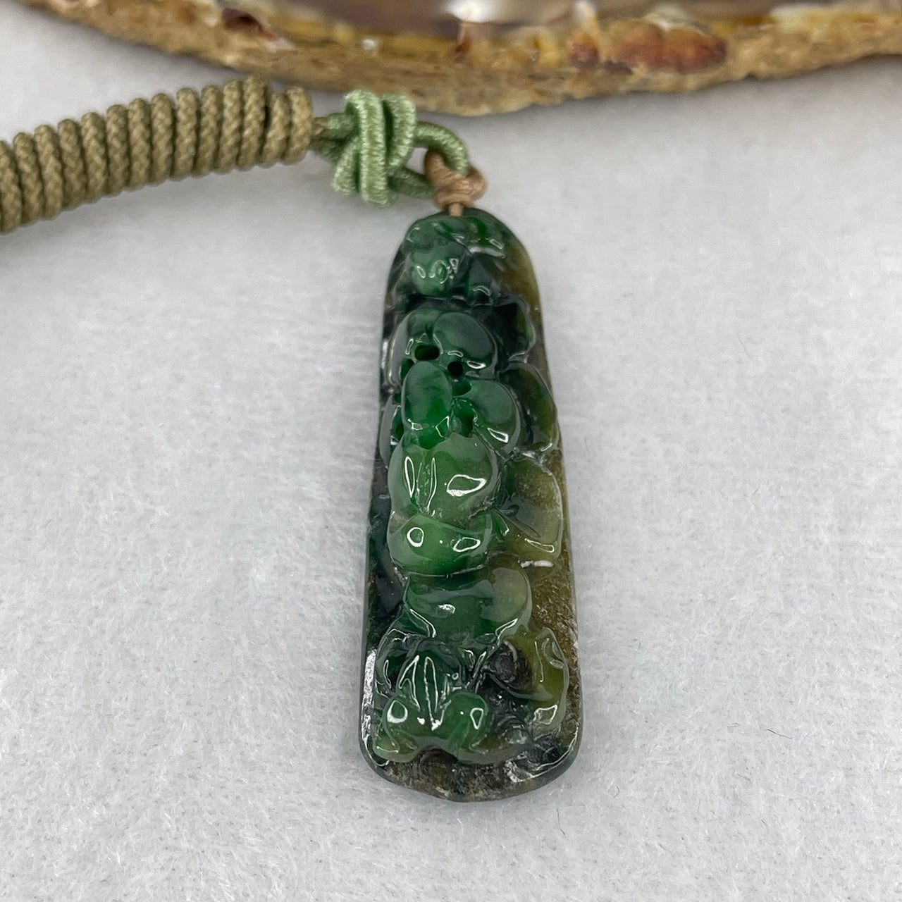 Certified Natural Type A Old-Mine Dark Green & Yellowish Jadeite Flower with Twin Frogs Pendant | Masterpiece Hand-Carved Myanmar Feicui | Supreme Wealth Manifestation, Longevity & Prosperity Amulet (10.59g | 49.0x14.1x8.5mm)
