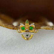 Type A Burmese Full Spicy Green Jade Jadeite 18K Yellow and White Gold customised Moveable Wu Shi Lion Head with Diamonds Ring 6.00g 13.1 by 22.5 by 8.3mm US6.25 HK13.5 Inner Dia 17.0mm - Huangs Jadeite and Jewelry Pte Ltd