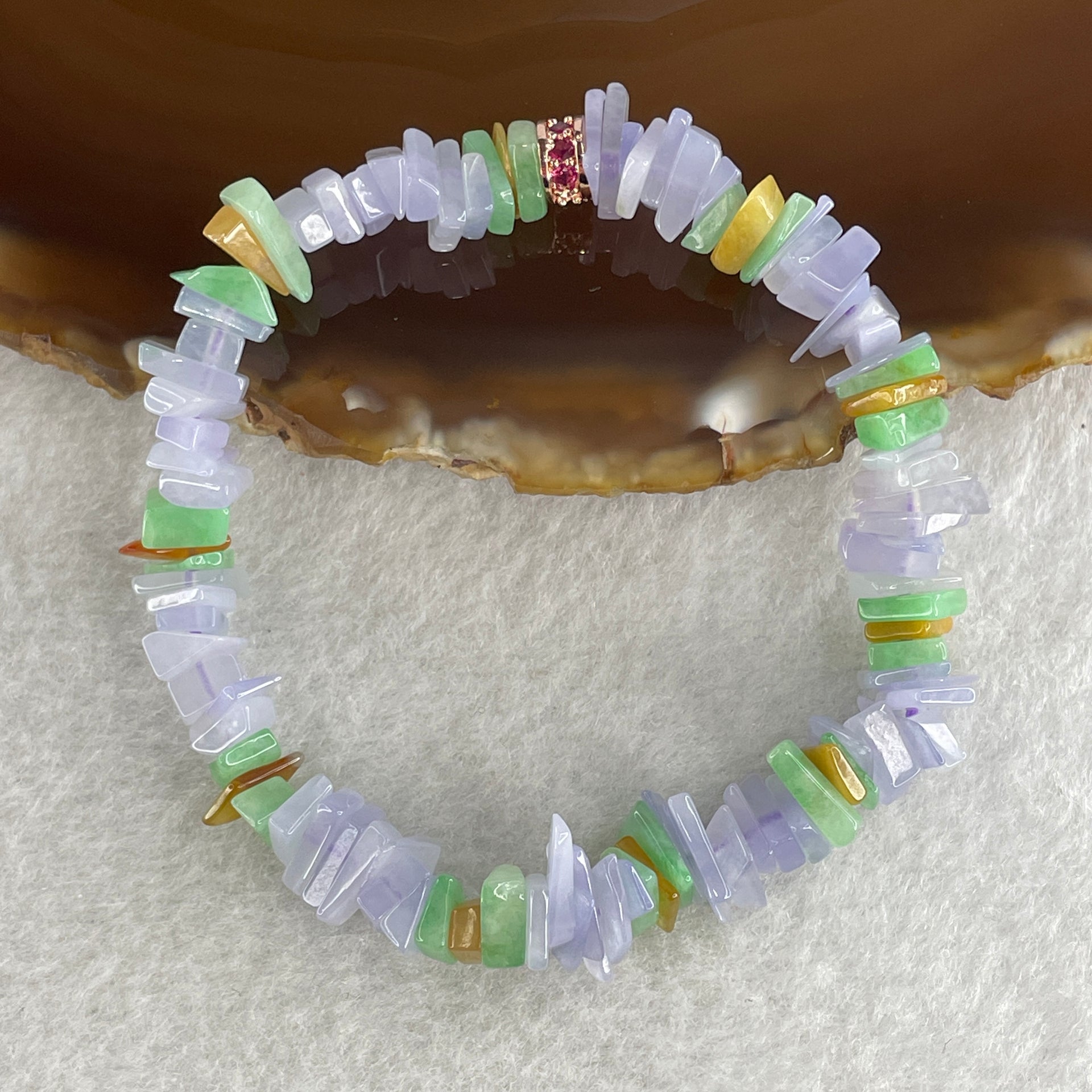Natural Type A Lavender with Green Yellow Jadeite Irregular Bracelet 14.36g 14cm 8.2mm 94 Pcs - Huangs Jadeite and Jewelry Pte Ltd
