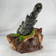 Type A Green with Dark Green to Black Piao Hu Flora Jadeite Axe with Yin and Yang 320.38g with Wooden Stand Display Total 904.5g 170.0 by 124.0 by 195.0mm - Huangs Jadeite and Jewelry Pte Ltd