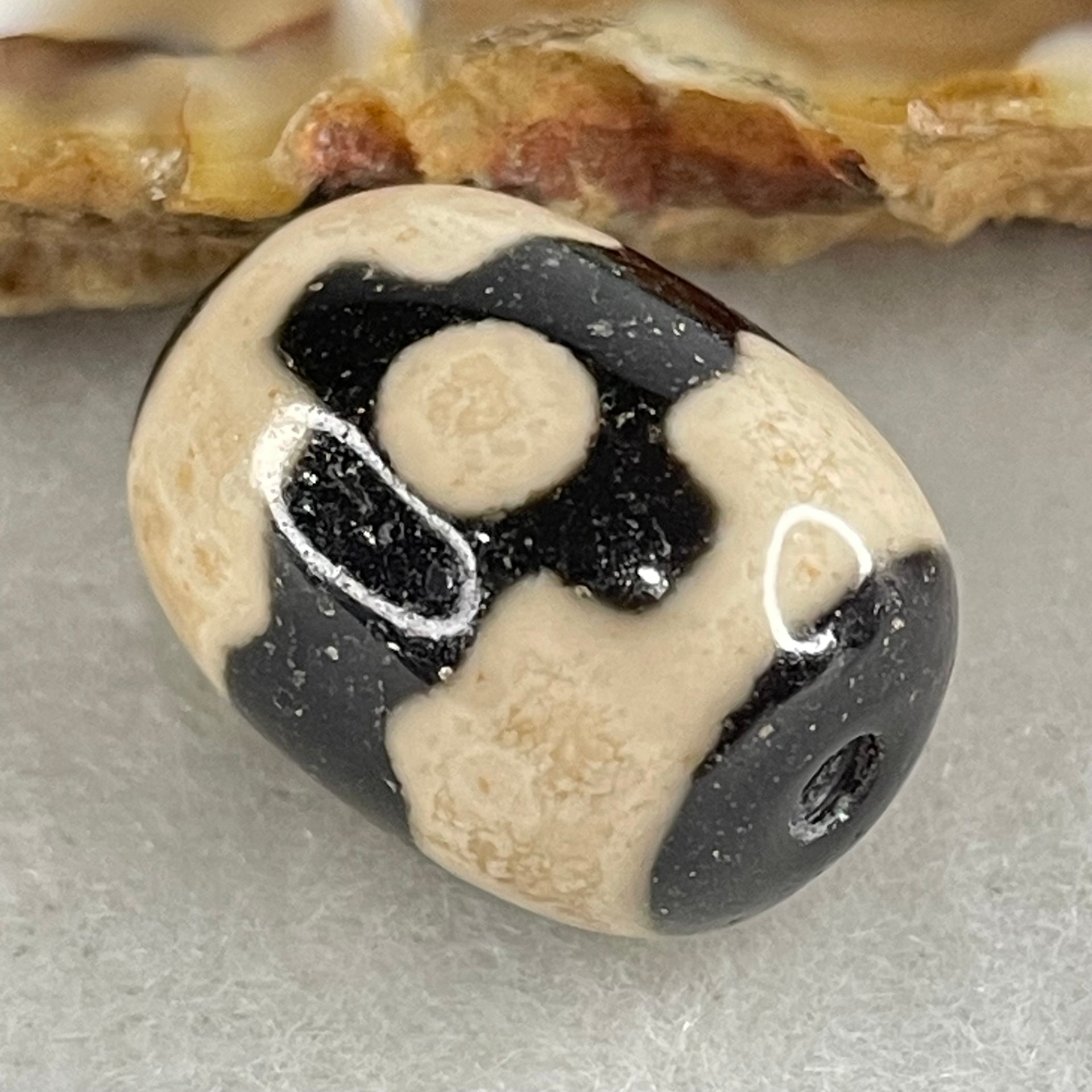 Natural Powerful Tibetan Old Oily Dark Brown With White Agate 3 Eyes Dzi Bead Heavenly Master (Tian Zhu) 三眼天诛 5.06g 17.6 by 13.5mm - Huangs Jadeite and Jewelry Pte Ltd