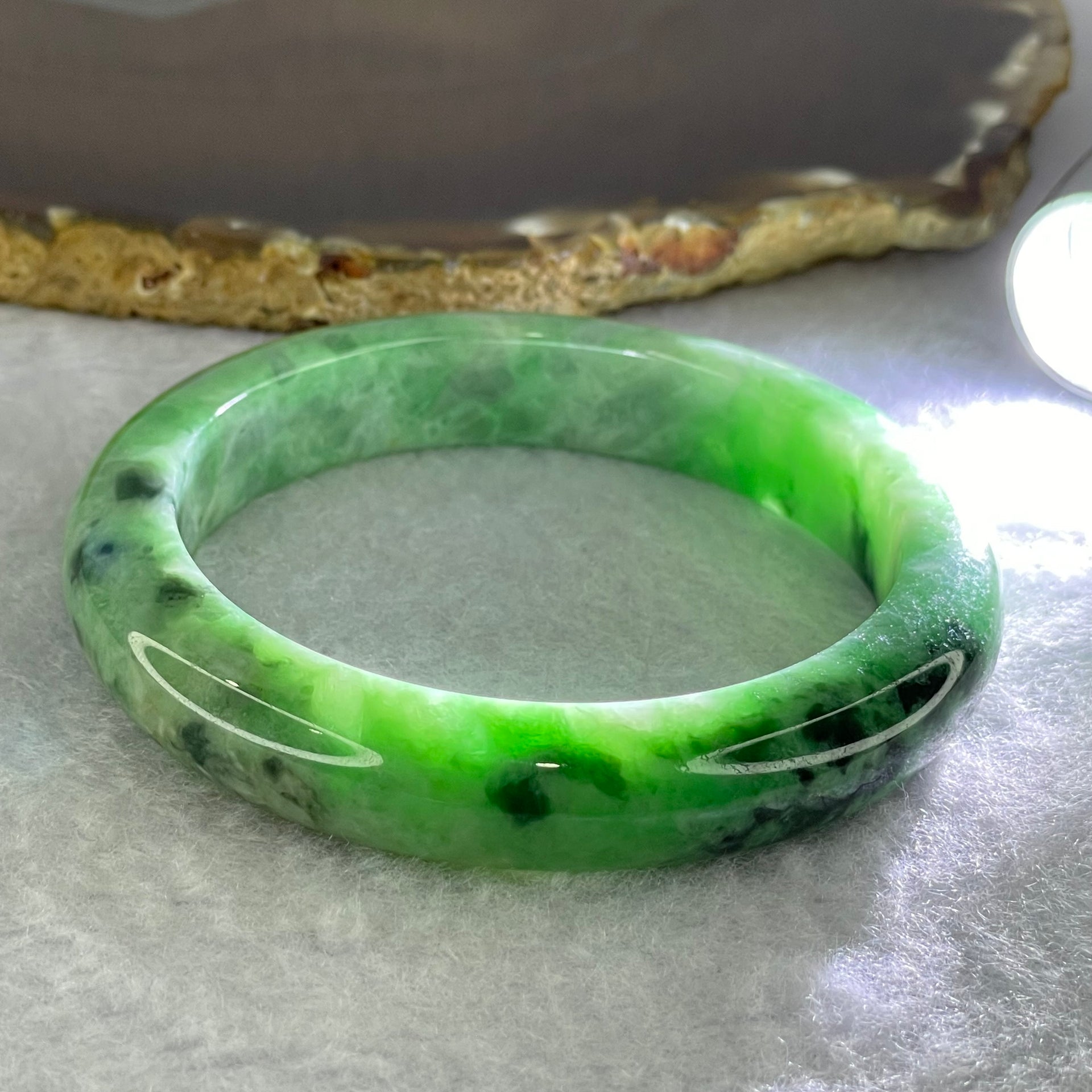 Type A Spicy Green With Dark Green Piao Hua Jadeite Bangle Internal Diameter 56.3mm 58.27g 11.9 by 9.0mm (Close to Perfect) - Huangs Jadeite and Jewelry Pte Ltd