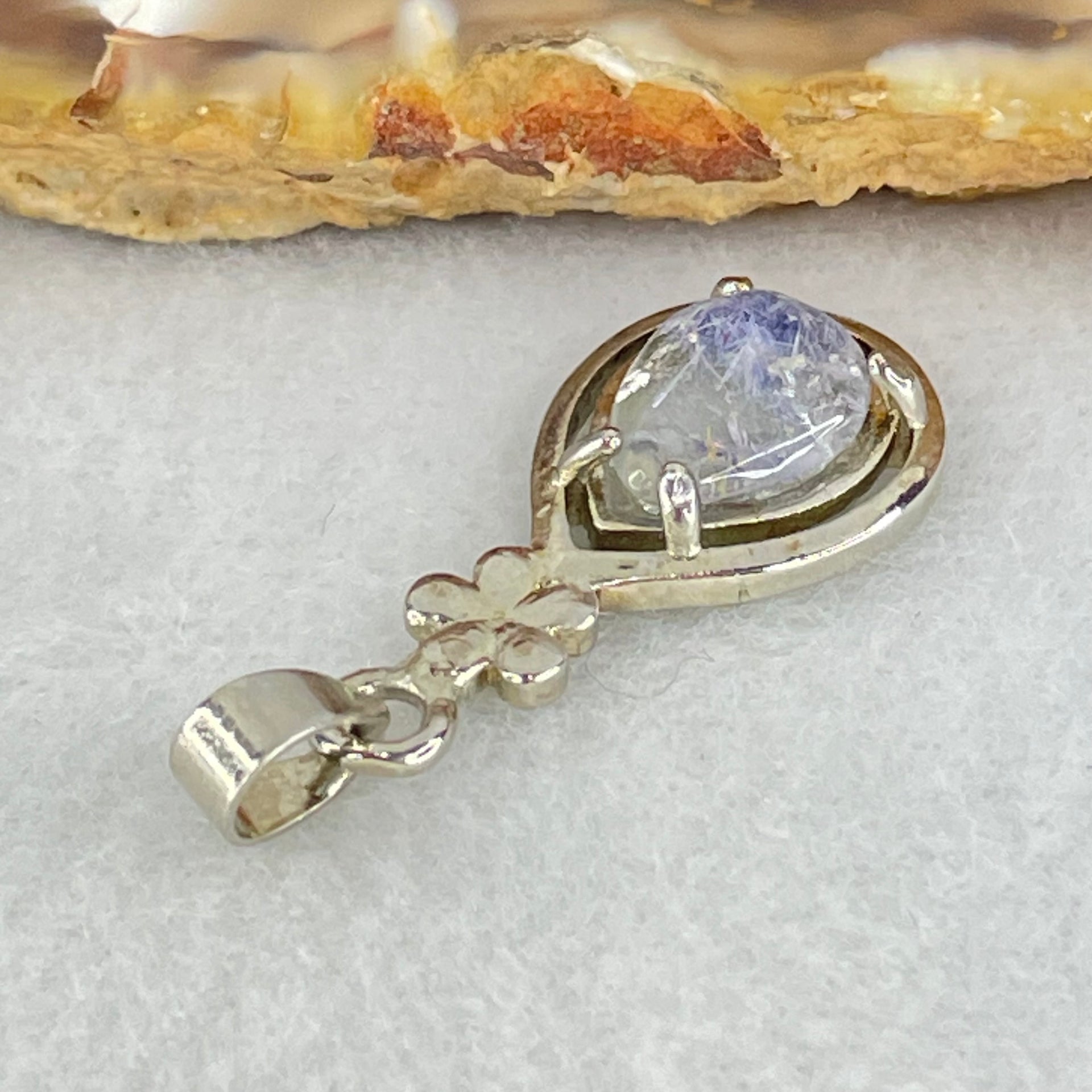 Good Grade Rare Natural Blue Dumortierite Rutilated Quartz in S925 Pendant 2.08g 9.5 by 7.2 by 3.0mm - Huangs Jadeite and Jewelry Pte Ltd
