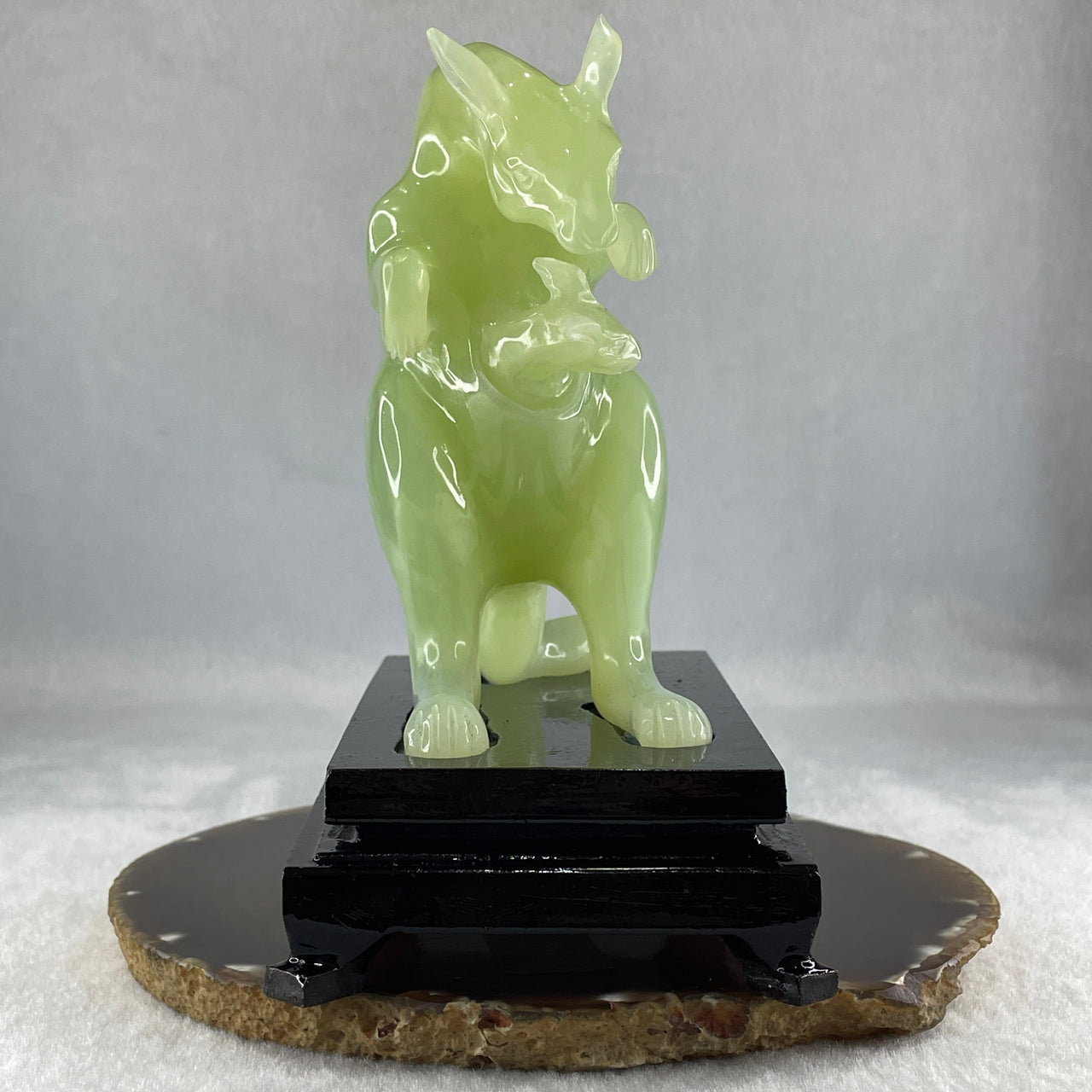 Natural Green Serpentine Kangaroo With Baby with Wooden Stand Display 569.6g 140.0 by 85.4 by 145.0mm - Huangs Jadeite and Jewelry Pte Ltd