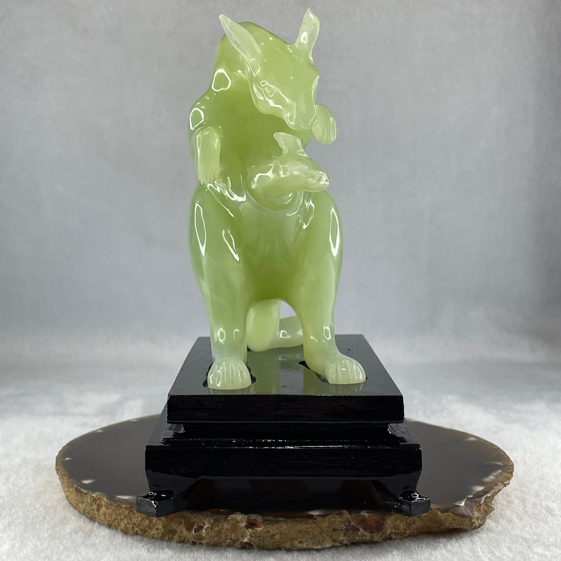 Natural Green Serpentine Kangaroo With Baby with Wooden Stand Display 569.6g 140.0 by 85.4 by 145.0mm - Huangs Jadeite and Jewelry Pte Ltd