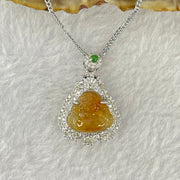 Type A Yellow Jadeite Milo Buddha 11.9 by 12.6 by 3.5mm Pendent with Crystals in S925 Sliver Necklace 5.41g - Huangs Jadeite and Jewelry Pte Ltd