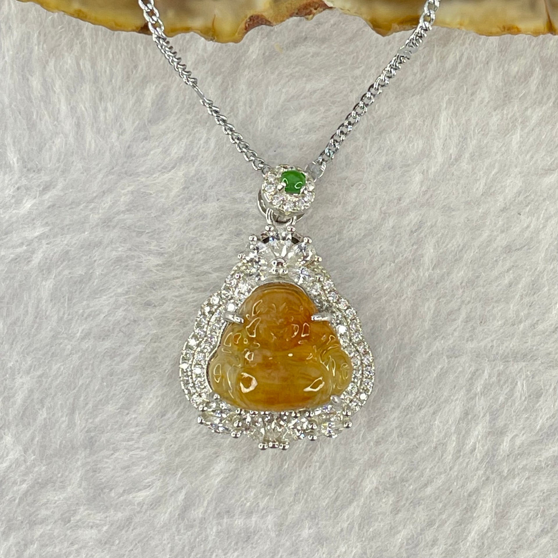 Type A Yellow Jadeite Milo Buddha 11.9 by 12.6 by 3.5mm Pendent with Crystals in S925 Sliver Necklace 5.41g - Huangs Jadeite and Jewelry Pte Ltd