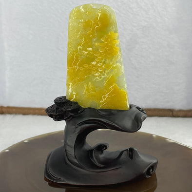 Grand Master Type A Yellow Jadeite Shan Shui 71.50g 77.0 by 44.9 by 8.9mm with Wooden Stand - Huangs Jadeite and Jewelry Pte Ltd