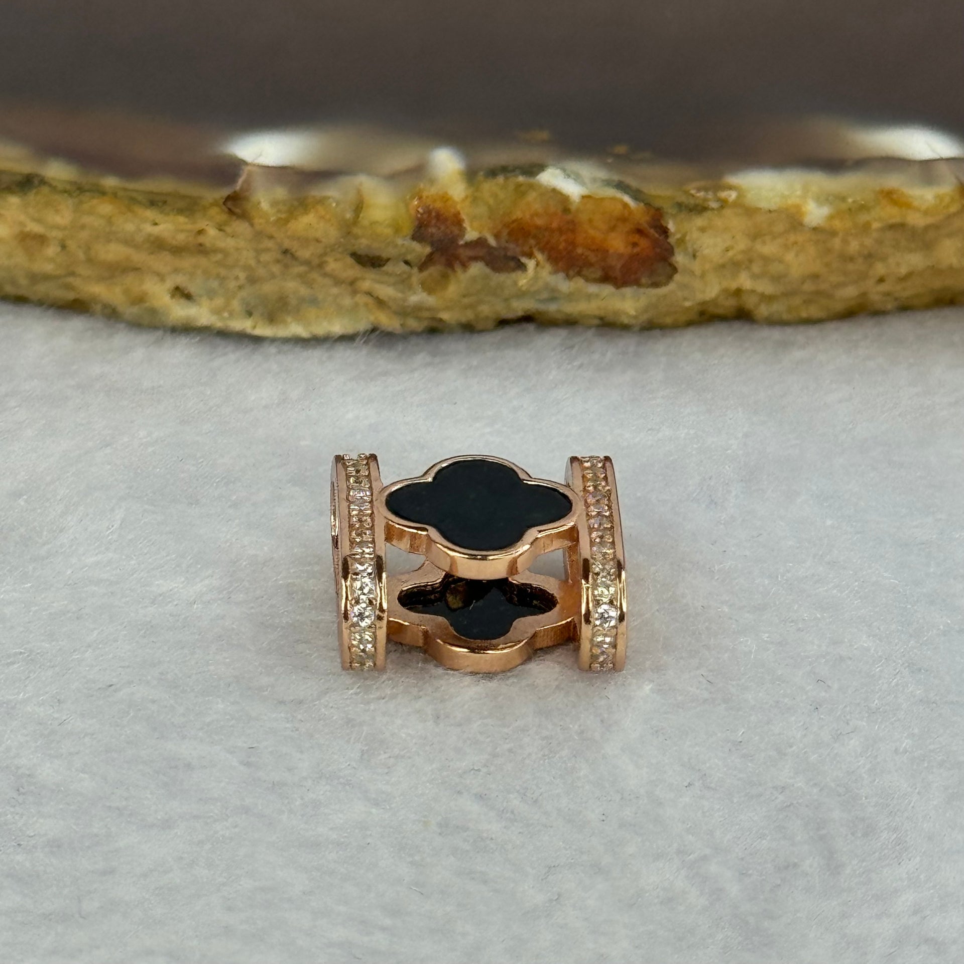 Type A Translucent Black Omphasite Jadeite Double Sided Clover with Crystals in S925 Sliver Rose Gold Color Charm 2.05g 7.7 by 7.7 by 1.5mm - Huangs Jadeite and Jewelry Pte Ltd