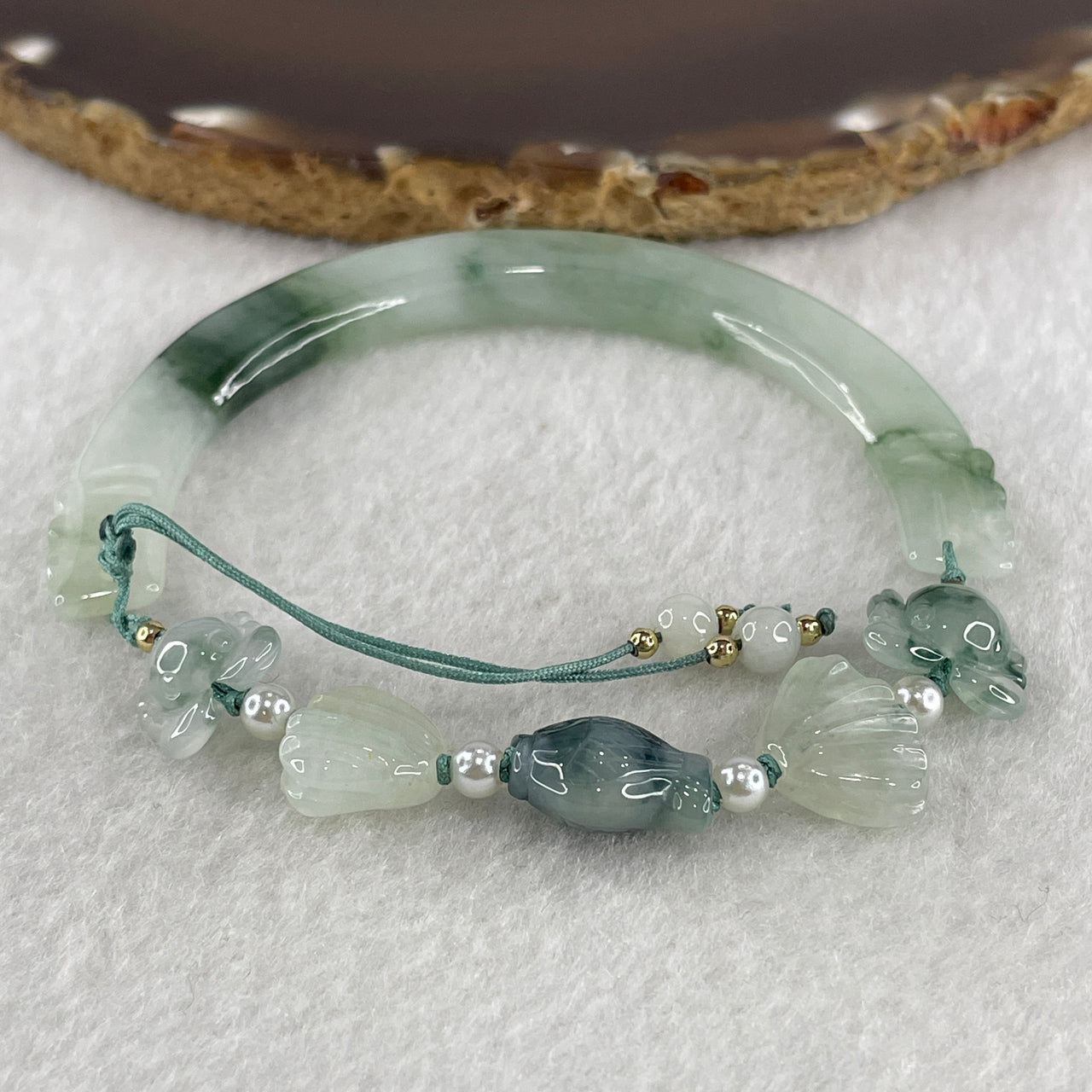 Natural Type A Light Green with Dark Green Piao Hua Jadeite Double Dragon Head with Fish and Carb Charm Bracelet 22.13g 17cm 6.7 by 9.6mm