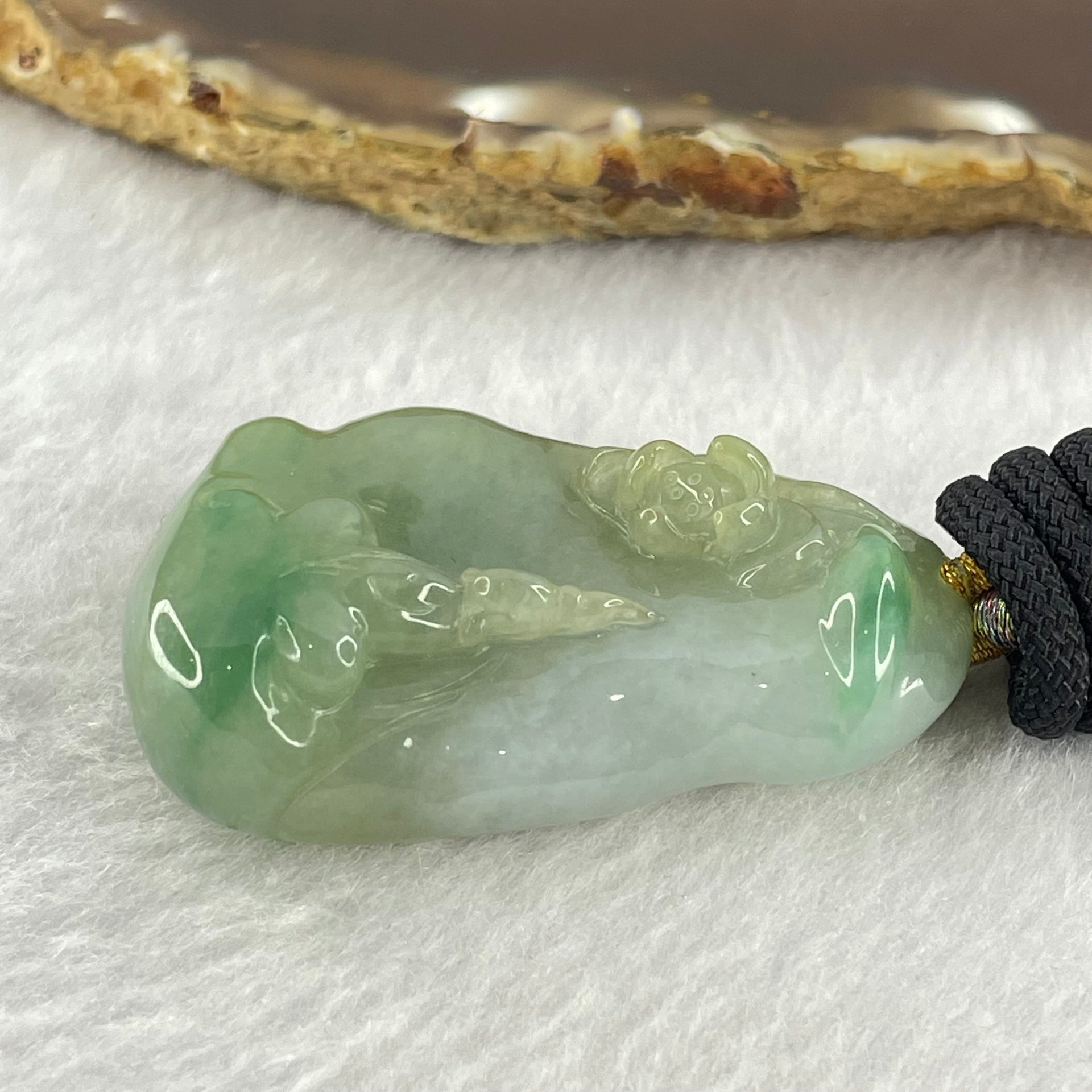Type A Green and Lavender Jadeite Benefactor and Flower Pendant 34.80g 46.9 by 28.7 by 13.4mm - Huangs Jadeite and Jewelry Pte Ltd