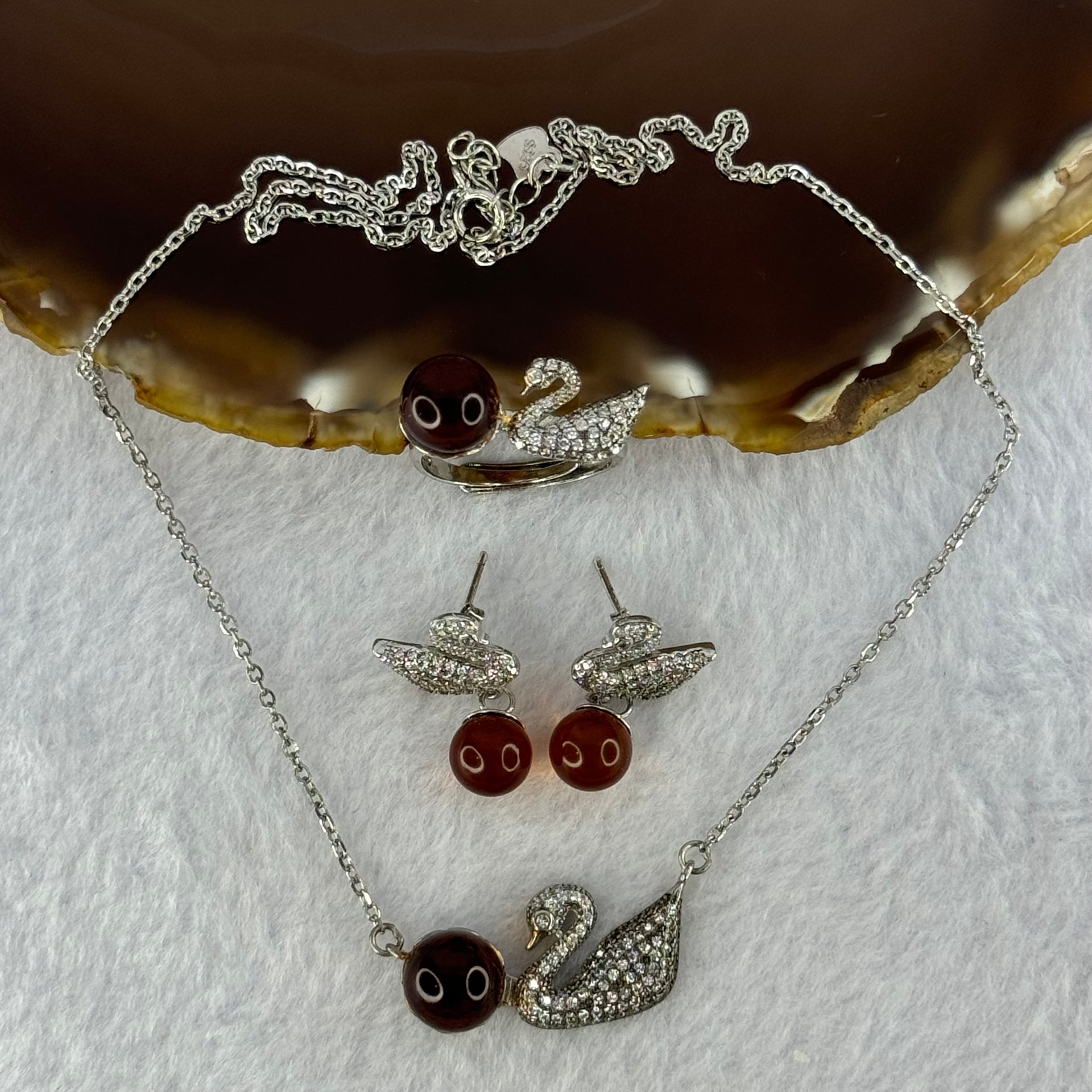 Natural Cognac Amber with Crystals in S925 Sliver Set of Earrings 7.7mm, Ring 8.7mm and Necklace 9.2mm Total 10.77g - Huangs Jadeite and Jewelry Pte Ltd