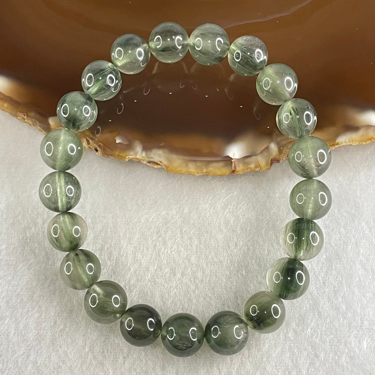 Good Grade Natural Green Rutilated Quartz Beads Bracelet 22.20g 15.5cm 9.4mm 21 Beads - Huangs Jadeite and Jewelry Pte Ltd