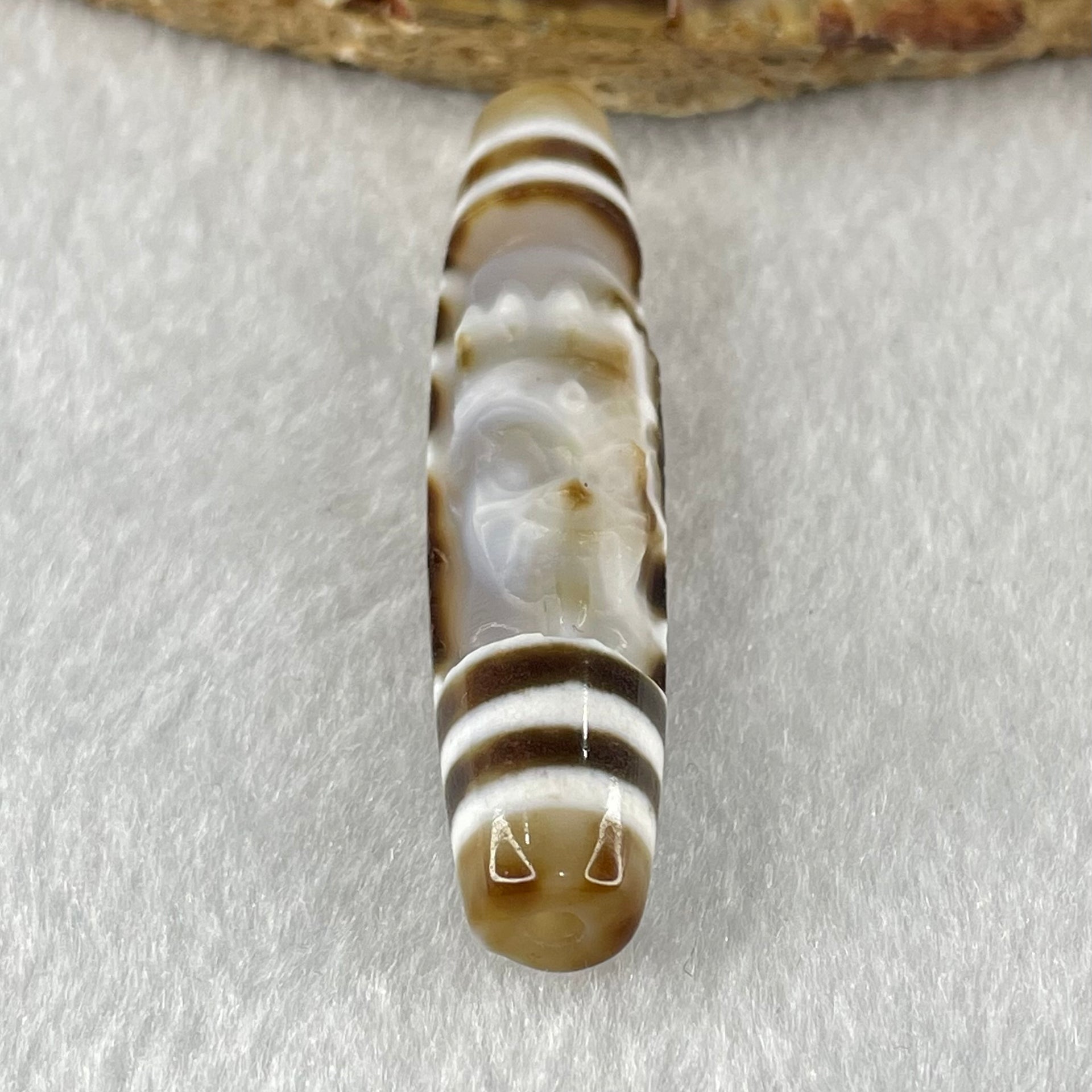 Natural Powerful Tibetan Old Oily Agate 2 Eye with Zha Ji La Mu Female Cai Shen Carvings Dzi Bead Heavenly Master (Tian Zhu) 两眼扎基拉姆女财神天诛 11.98g 57.3 by 12.5mm - Huangs Jadeite and Jewelry Pte Ltd