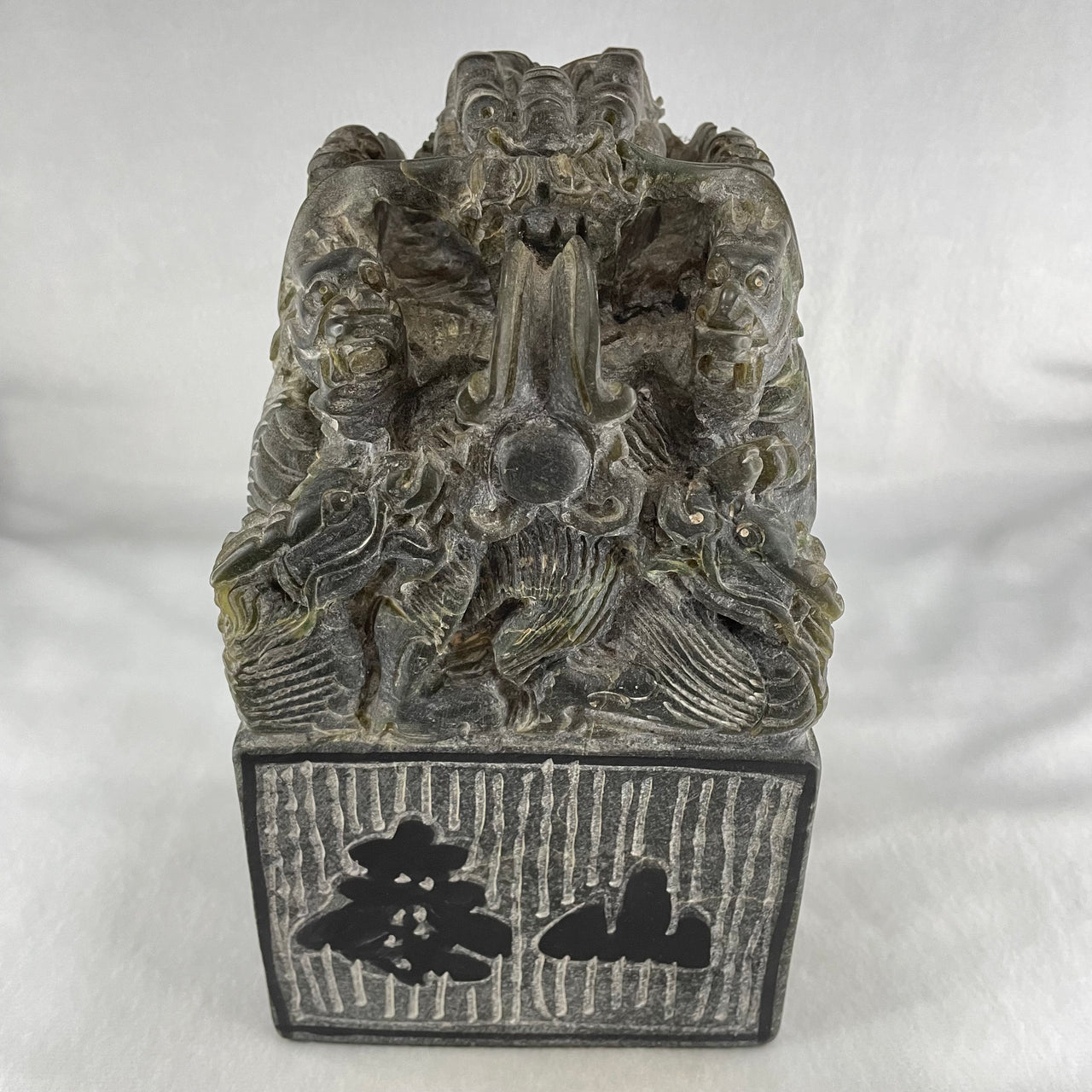 Natural Dark Green Agalmatolite Shou Shan Stone 9 Dragons with Inscription Seal Display 6,401.7g 119.0 by 121.1 by 200.0mm - Huangs Jadeite and Jewelry Pte Ltd