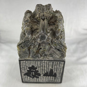 Natural Dark Green Agalmatolite Shou Shan Stone 9 Dragons with Inscription Seal Display 6,401.7g 119.0 by 121.1 by 200.0mm - Huangs Jadeite and Jewelry Pte Ltd