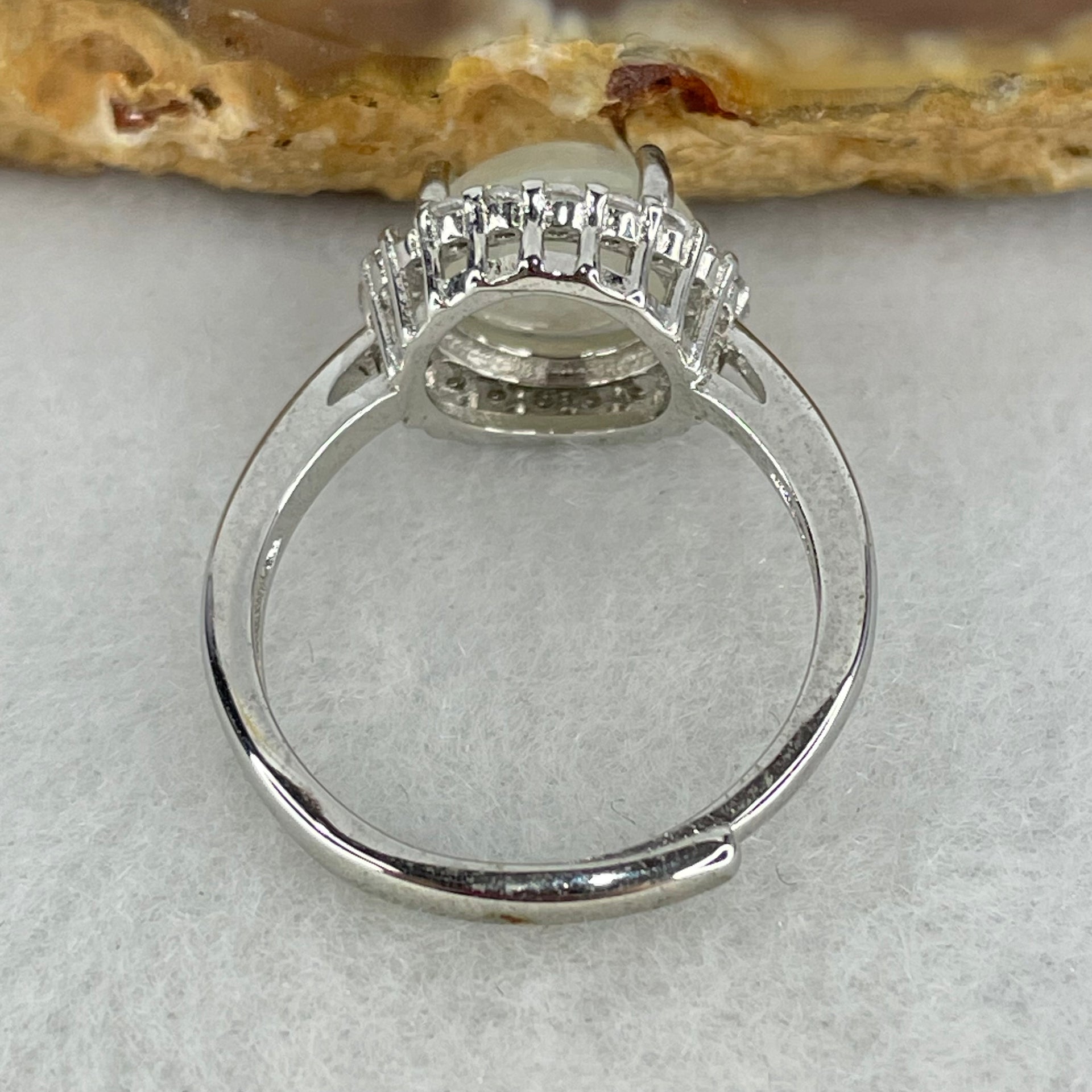 Type A Semi Icy Green Jadeite Cabochon in S925 Sliver Ring (Adjustable Size) 2.60g 8.4 by 8.9 by 5.0mm - Huangs Jadeite and Jewelry Pte Ltd